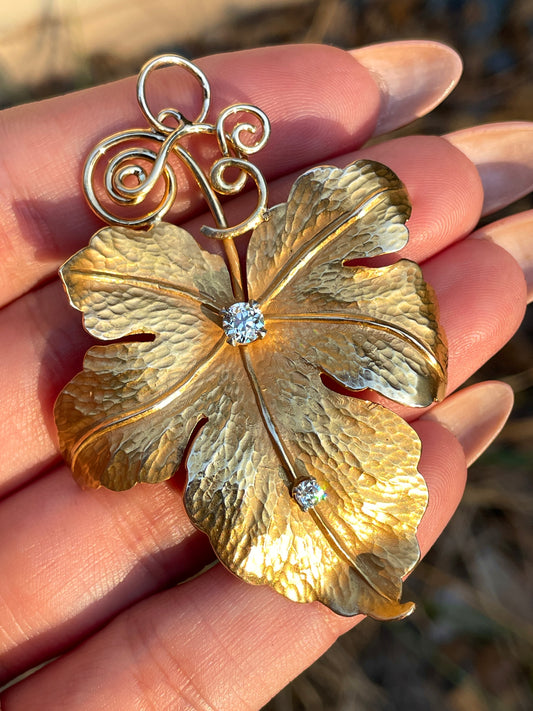 Vintage yellow 14K leaf statement pendant with .48 ctw old mine cut diamonds