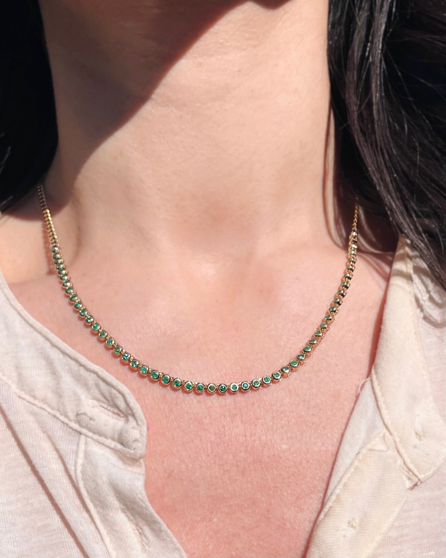 Original 3GOG yellow 14K gold approx 2 ctw emerald bubble watch chain necklace, 18 inch with shortening option
