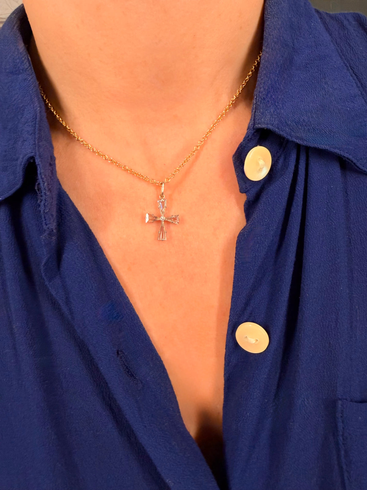 Antique 18K and platinum .33ctw portrait cut and old cut diamond cross pendant