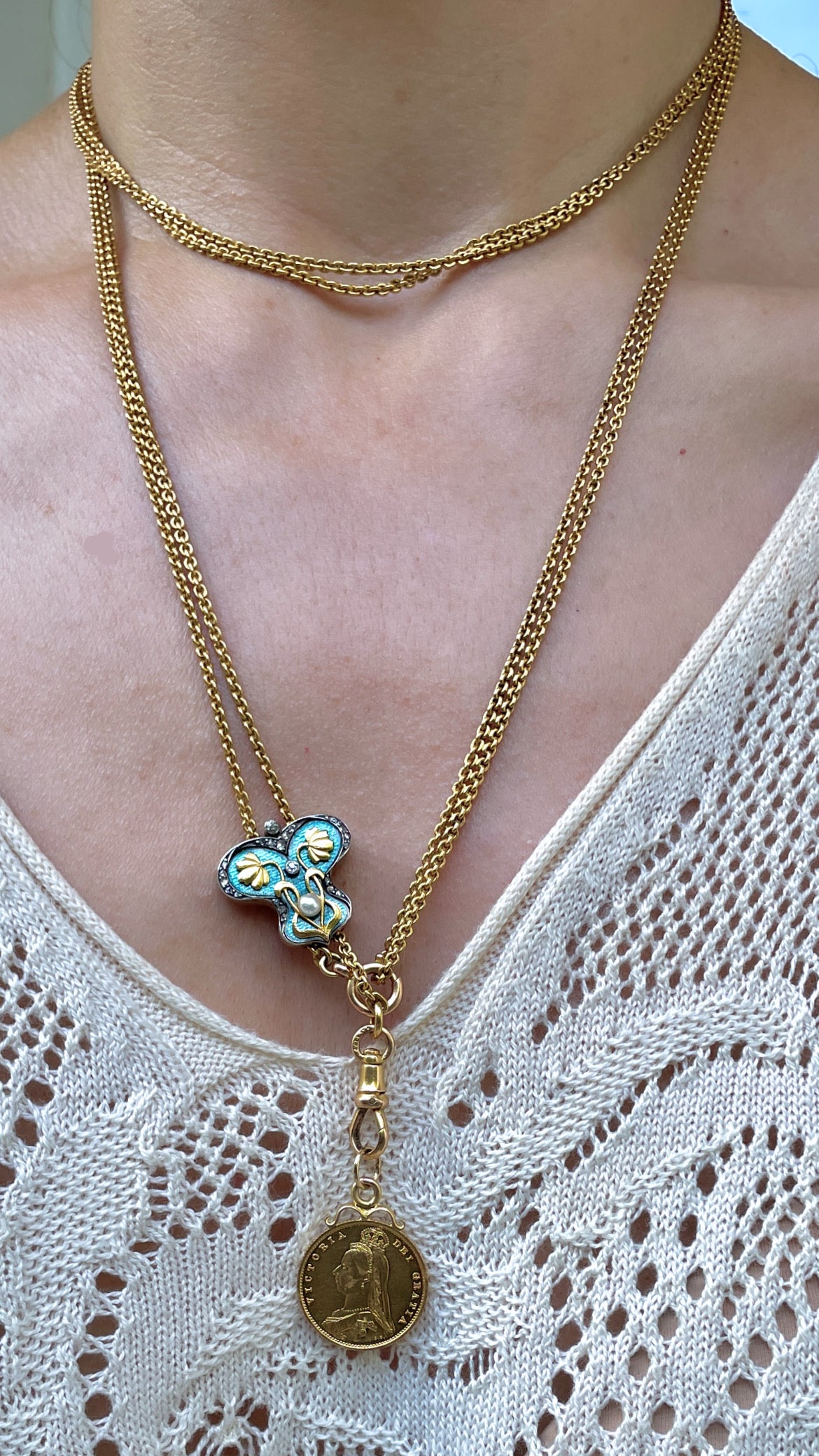 Antique 22K Art Nouveau longguard chain with 14K blue enamel butterfly slider with old mine cut diamonds, rose cut diamonds and pearl, with dog clip and bolt, 72 inch