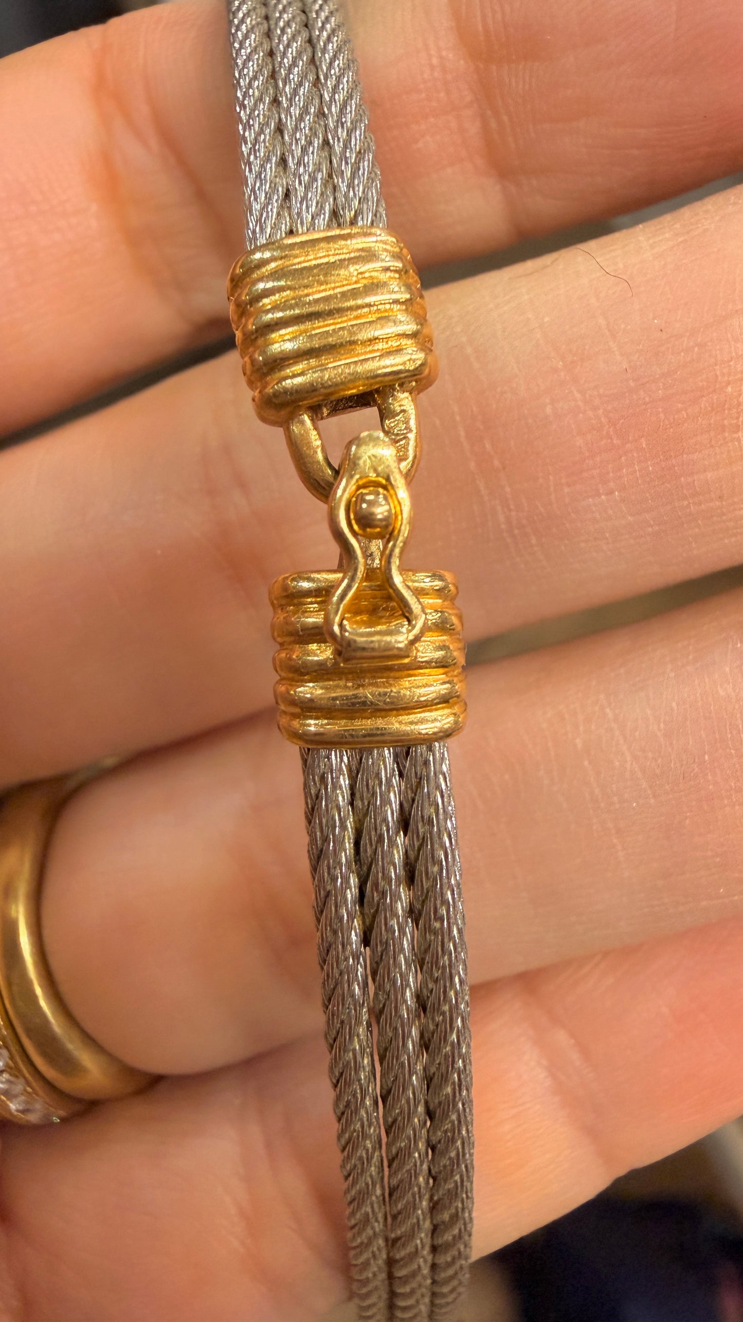 Vintage yellow 18K and steel Fred Paris designer Force 10 collar necklace, 14.5 inch