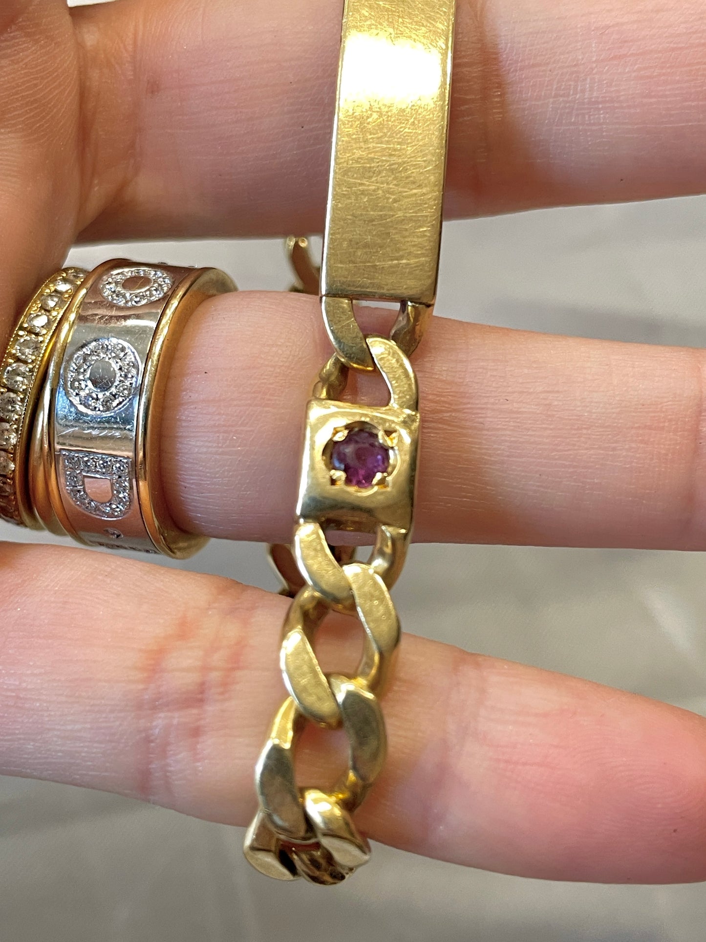 Vintage yellow 18K solid curb link ID bracelet with natural rubies, 8 and 1/8 inch