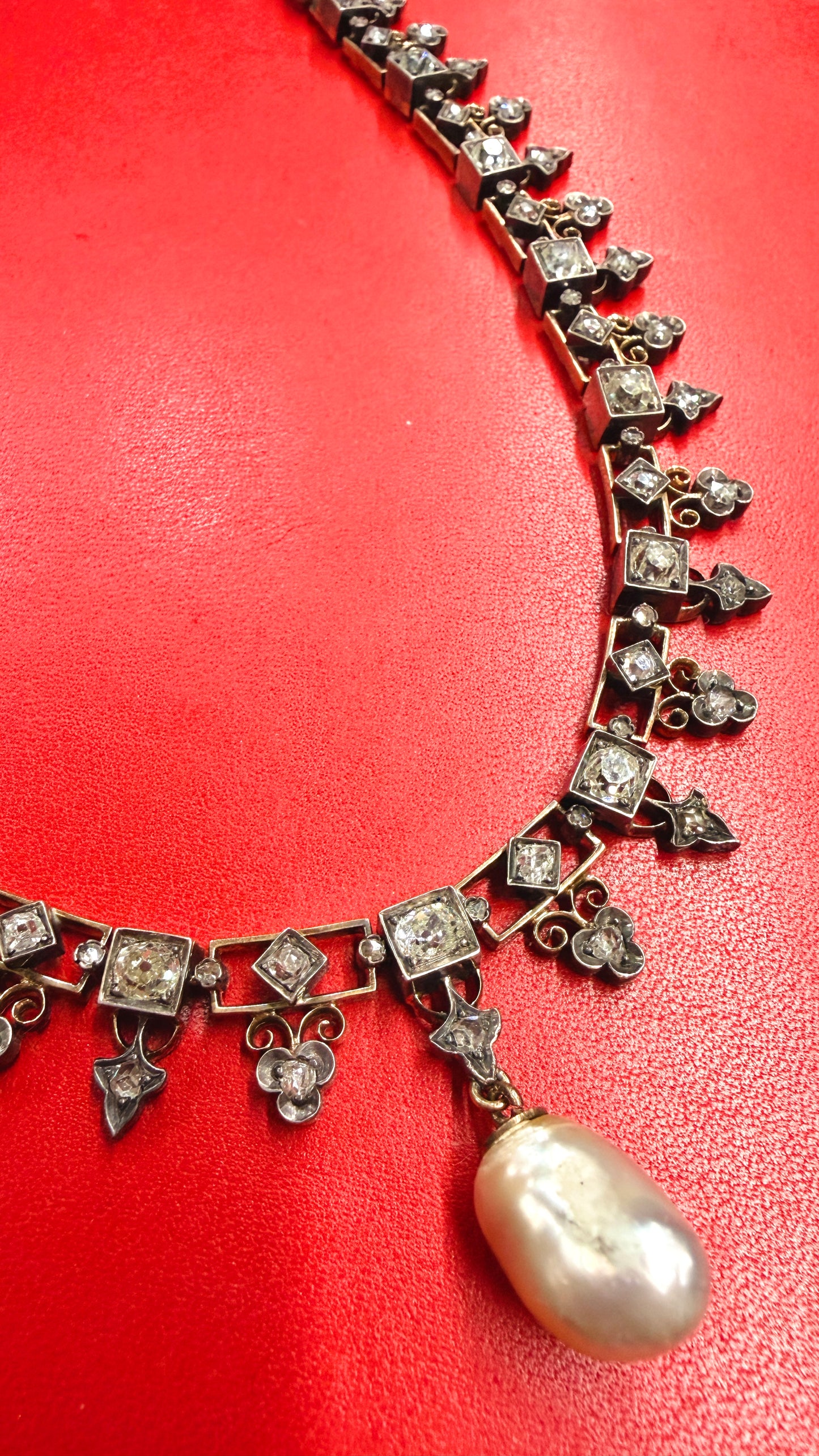 Antique 21K gold and silver topped over 7ctw Old Mine Cut diamond, rose cut diamond and pearl fringe chain, 16 and 7/8 inch