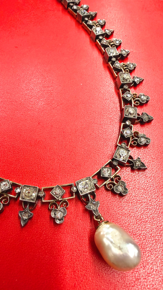 Antique 21K gold and silver topped over 7ctw Old Mine Cut diamond, rose cut diamond and pearl fringe chain, 16 and 7/8 inch