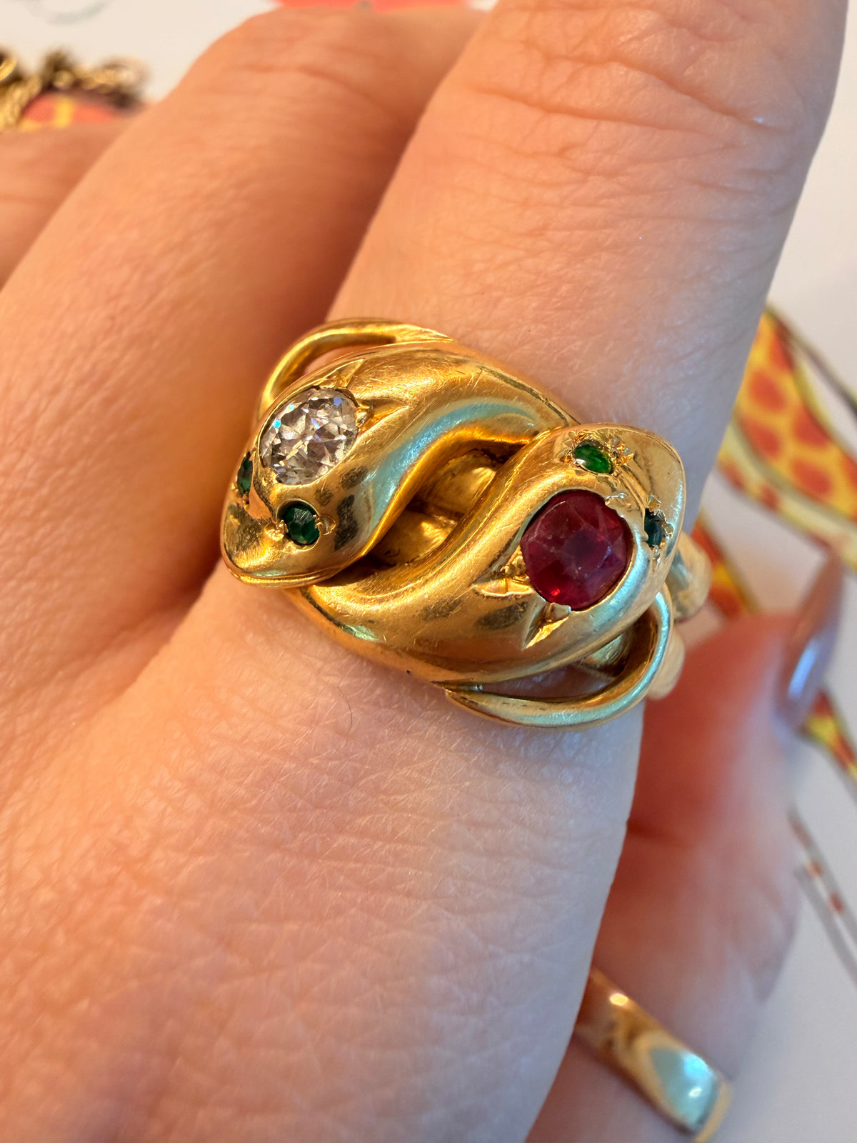 Antique 18K double snake ring with old mine cut diamond, ruby and emeralds, size 11.5