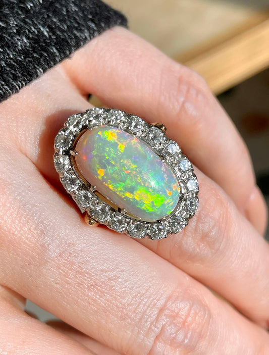 [PRIVATE] Vintage yellow and white 14K gold natural opal with 2 ctw diamond halo ring, size 6.25-6.5