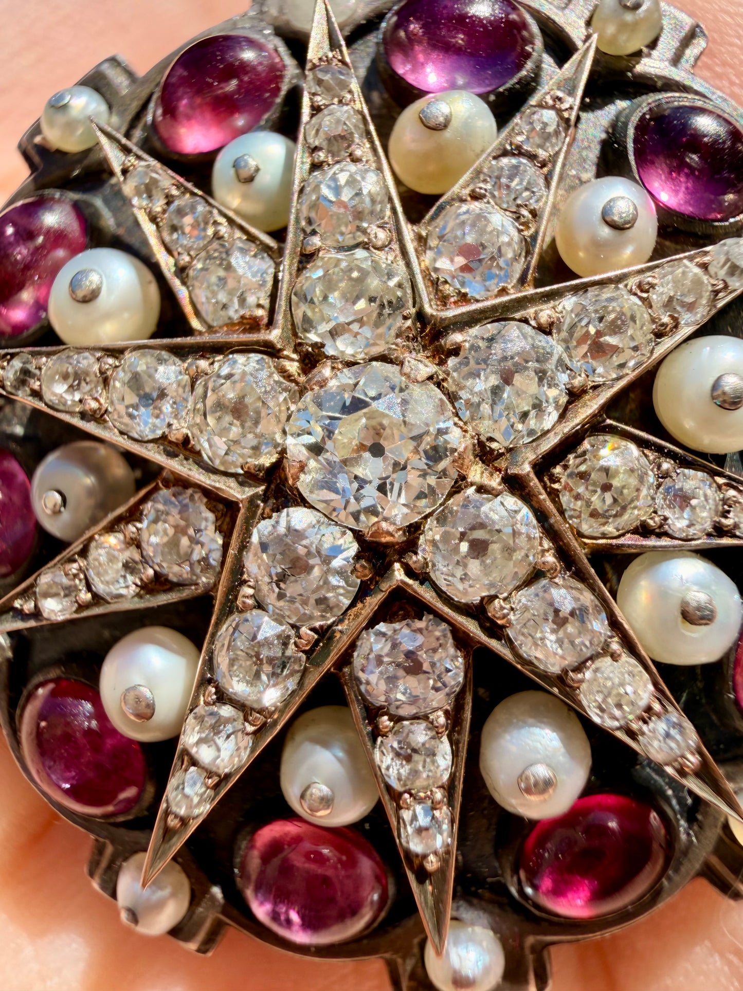 Antique 14K gold and silver approx 2 ctw Old Mine Cut diamond star and 3.5 ctw ruby and pearl convertible brooch pendant