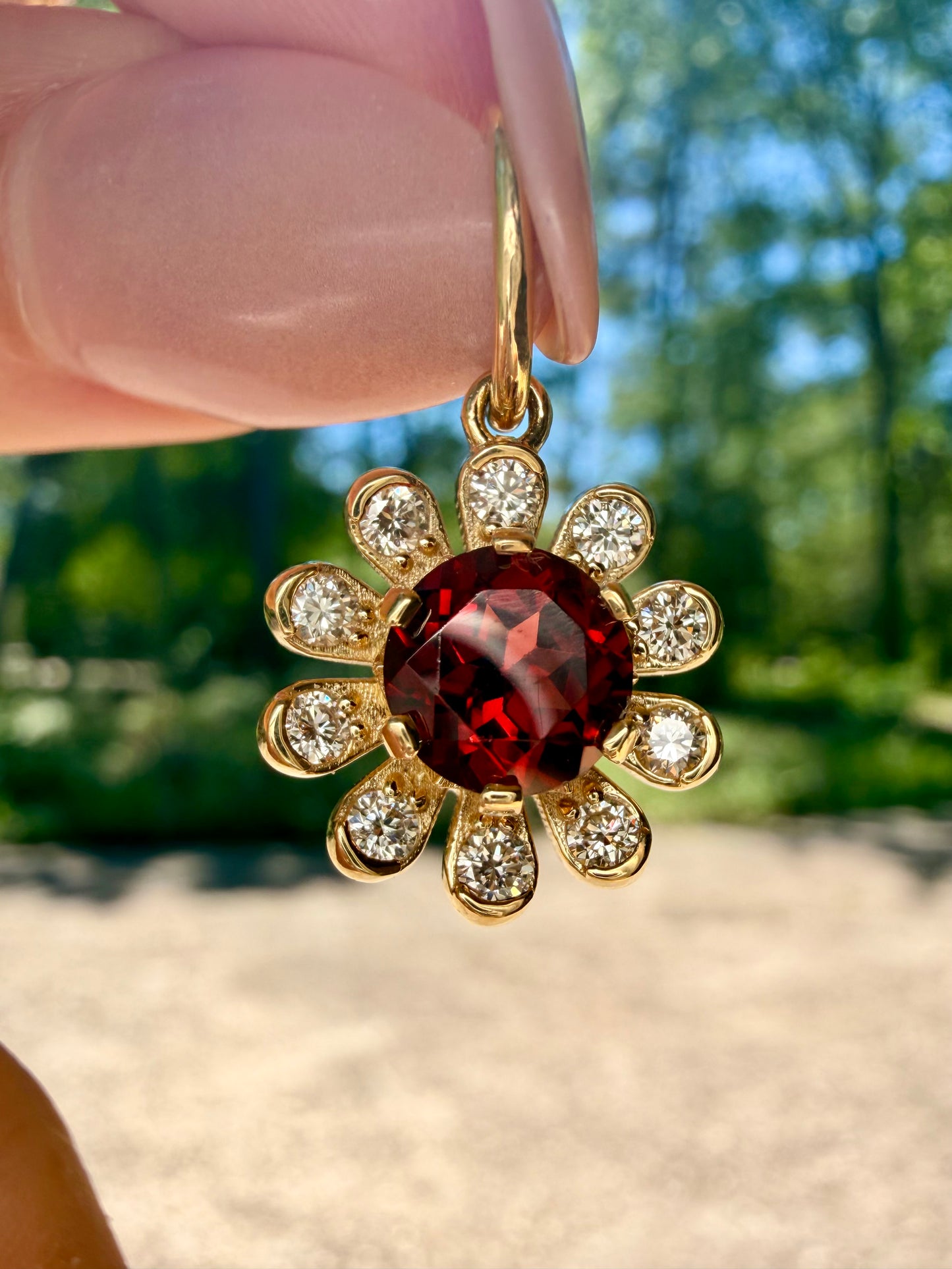 3GOG Natural Red Garnet Garden Party Flower Pendant 14K