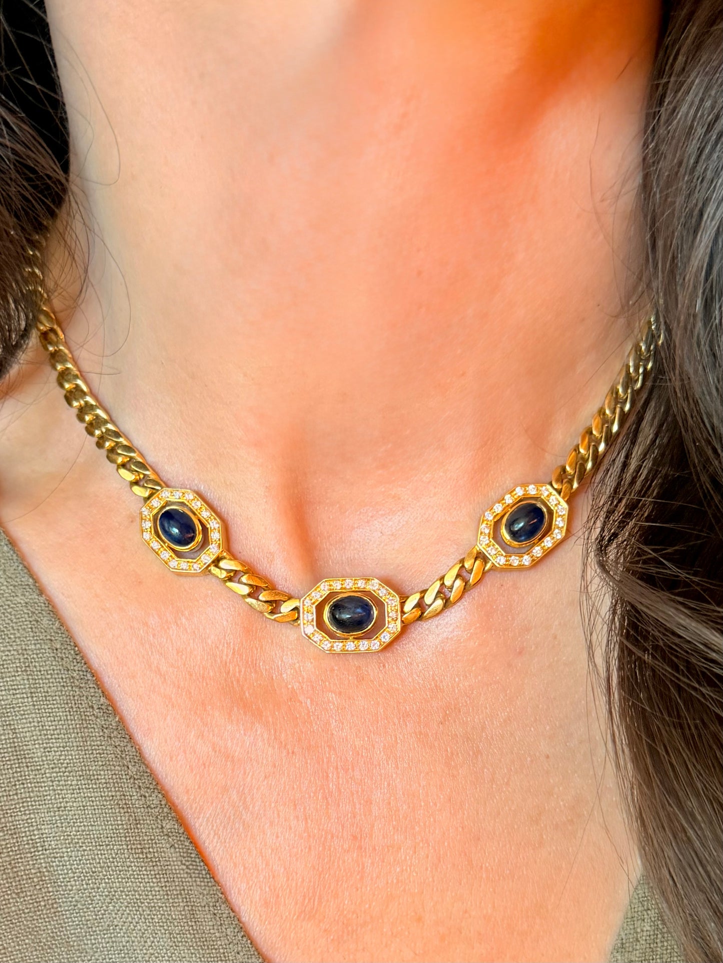 Vintage yellow 18K approx 4.5 ctw sapphire and .75 ctw diamond curb link statement necklace, 15.5 inch