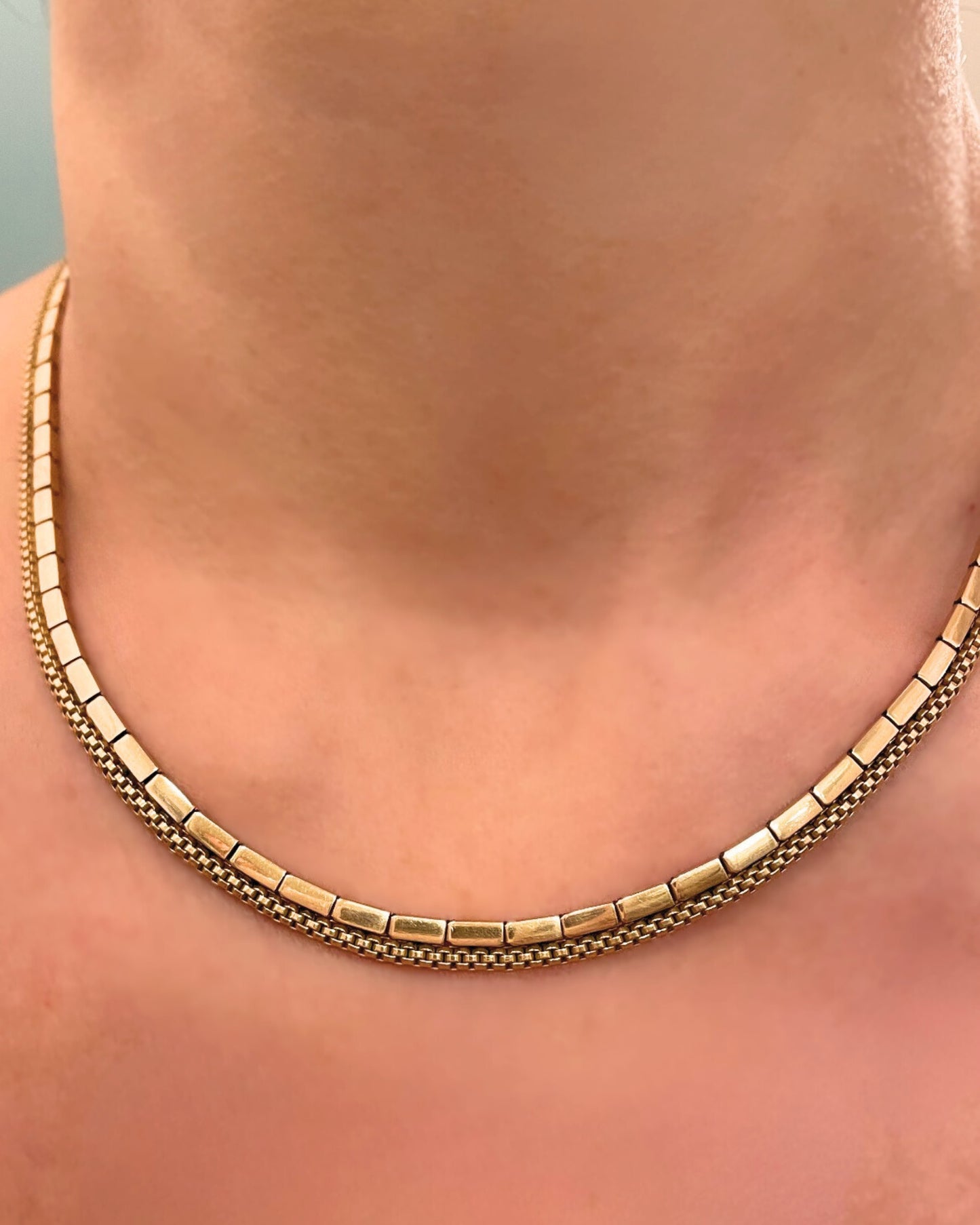 Vintage 18K gold bar link and mesh link chain necklace, 16 7/8 inch