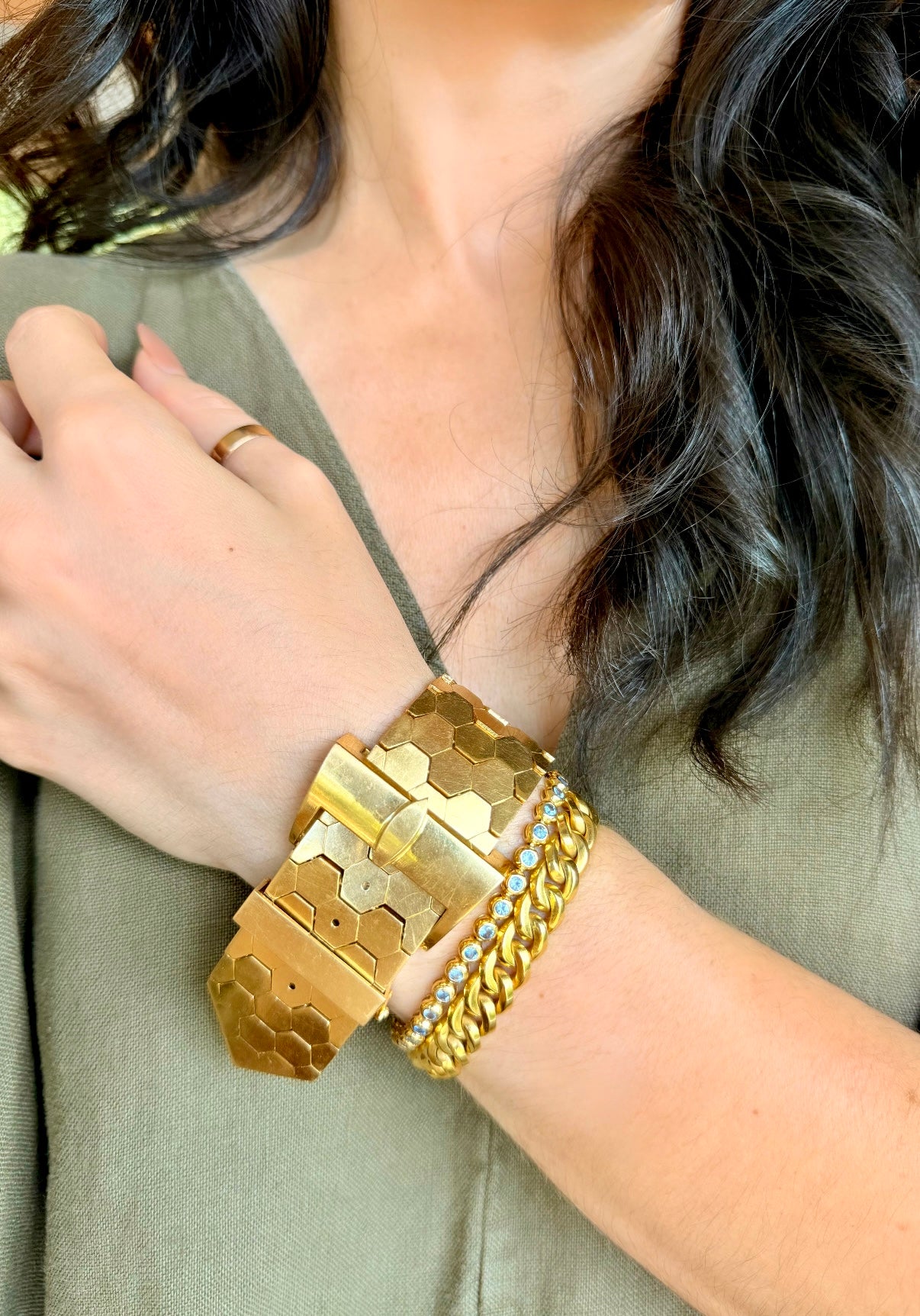 Vintage yellow 18K circa 1950s gold honeycomb adjustable belt bracelet