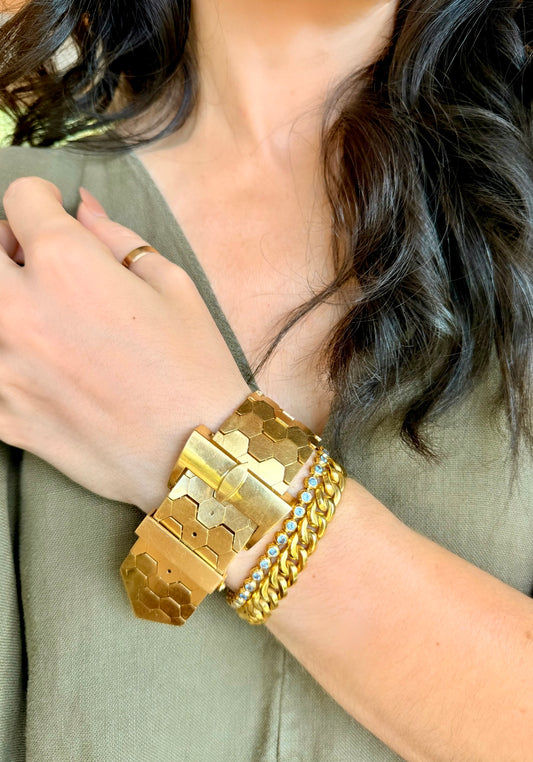 Vintage yellow 18K circa 1950s gold honeycomb adjustable belt bracelet