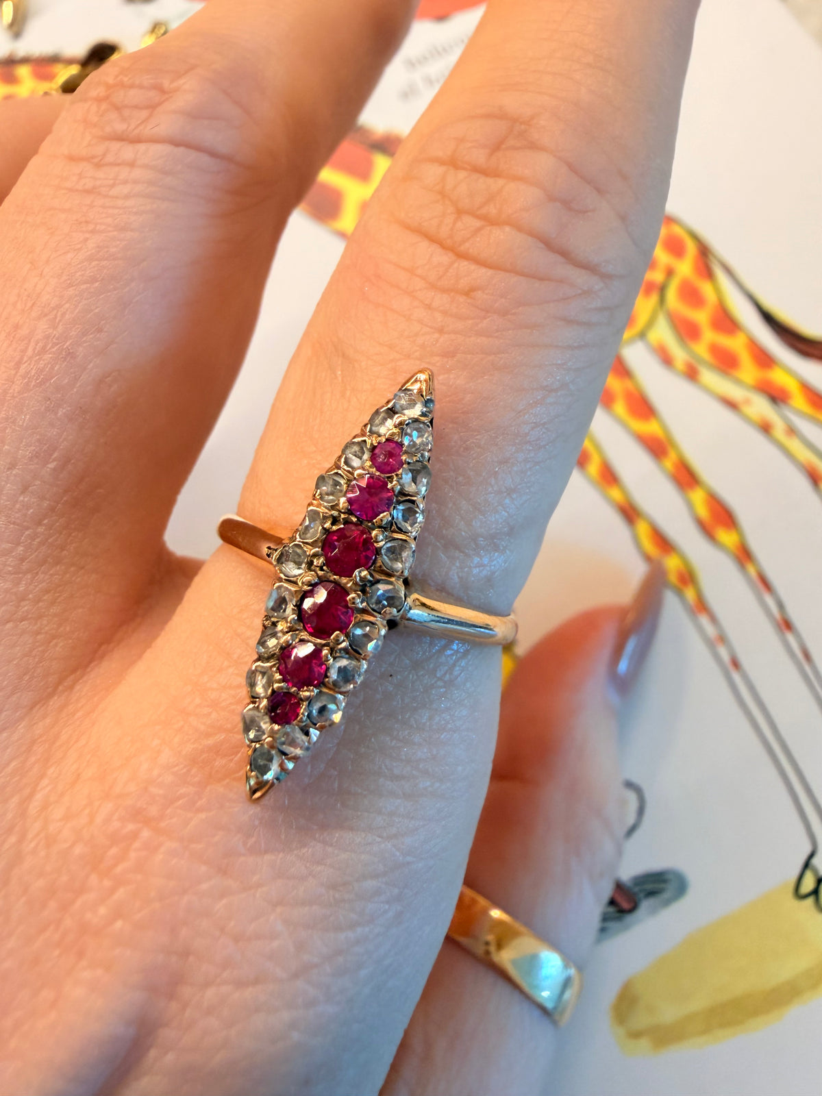 Antique 14K ruby and rose cut diamond navette ring, size 7.75 sizable