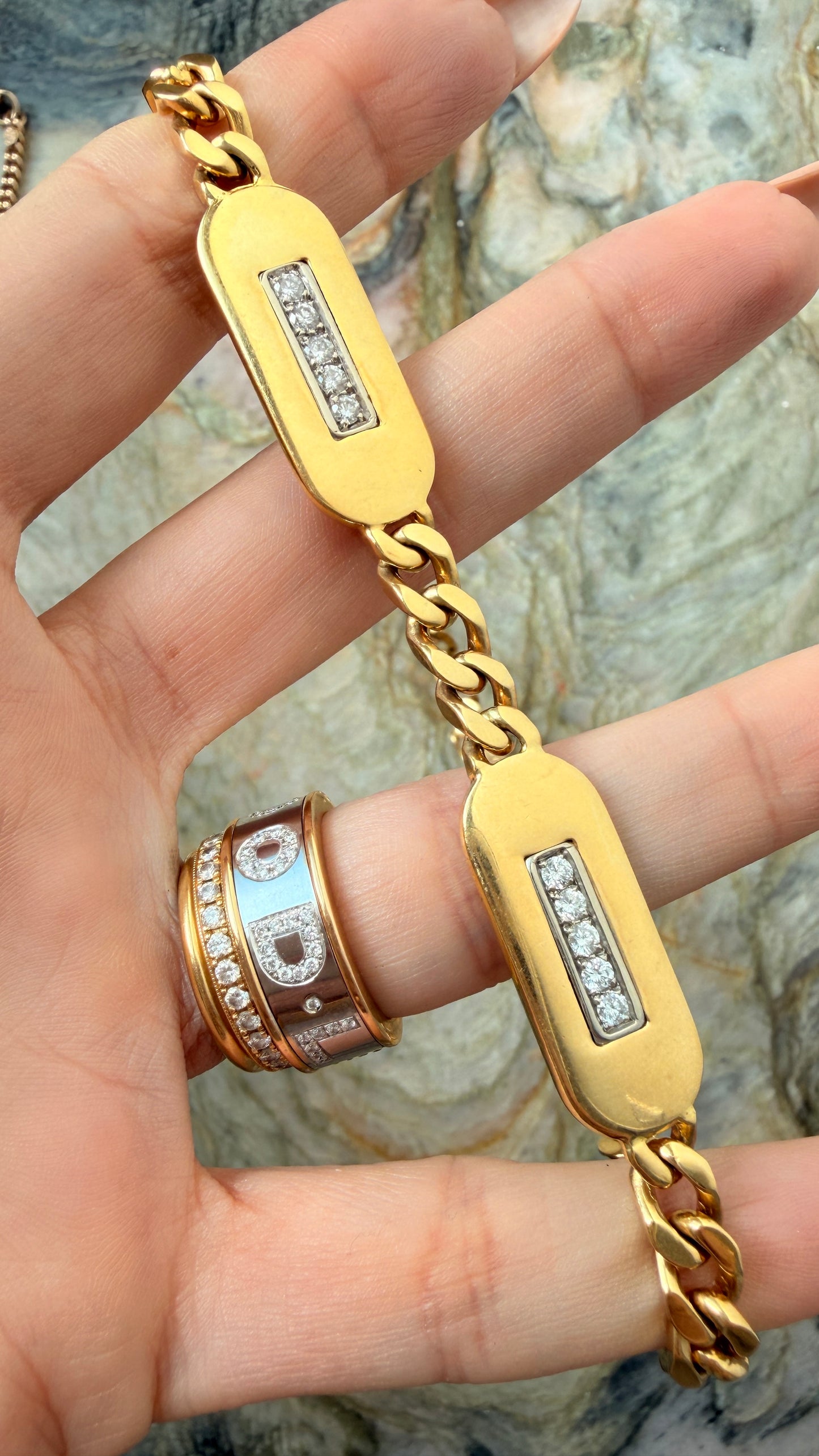 Vintage yellow 18K Chimento designer diamond bars curb chain, 15 inch