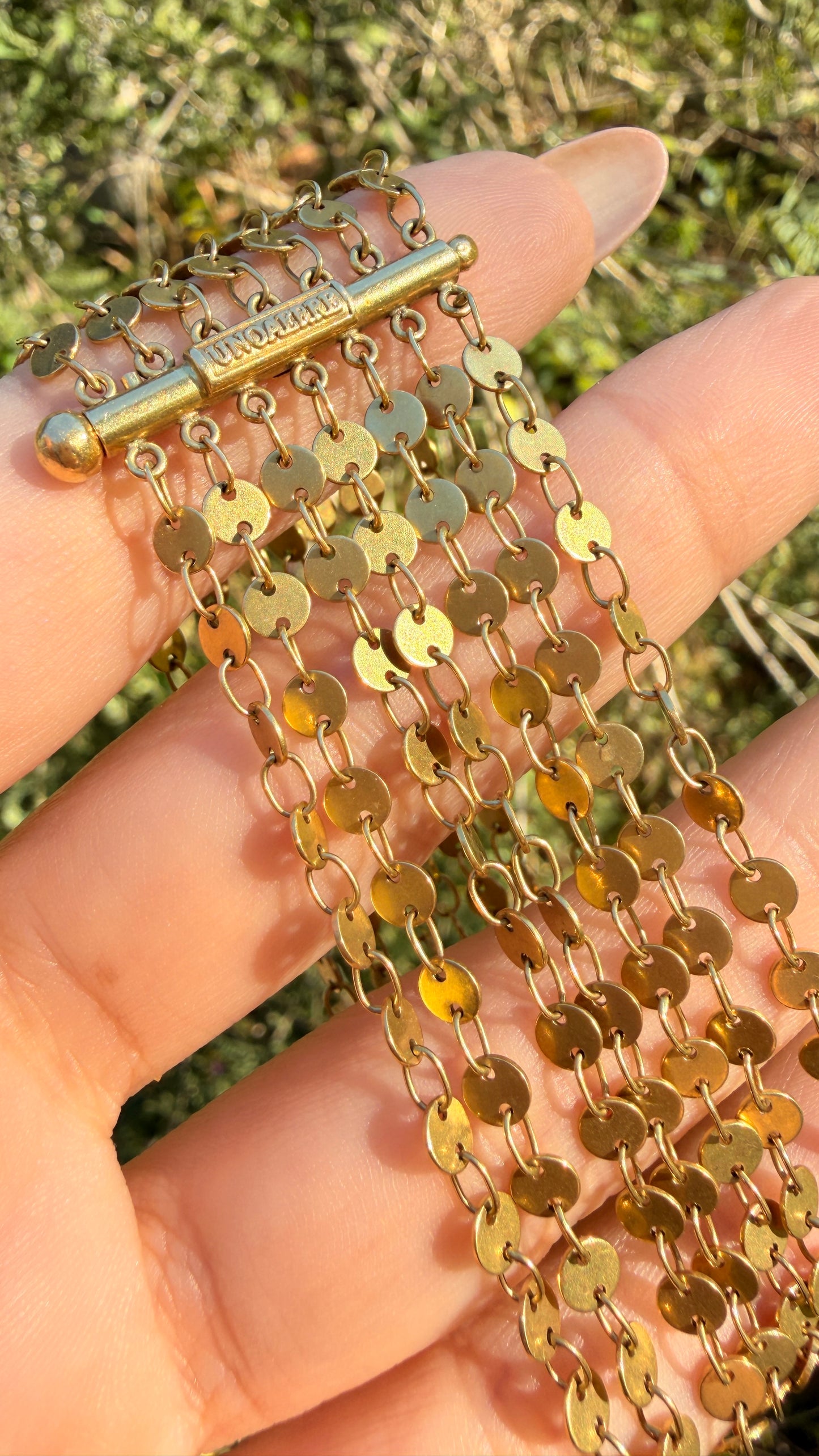 Vintage yellow 18K UnoAerre multi strand mariner link bracelet with slide clasp, 7.5 inch