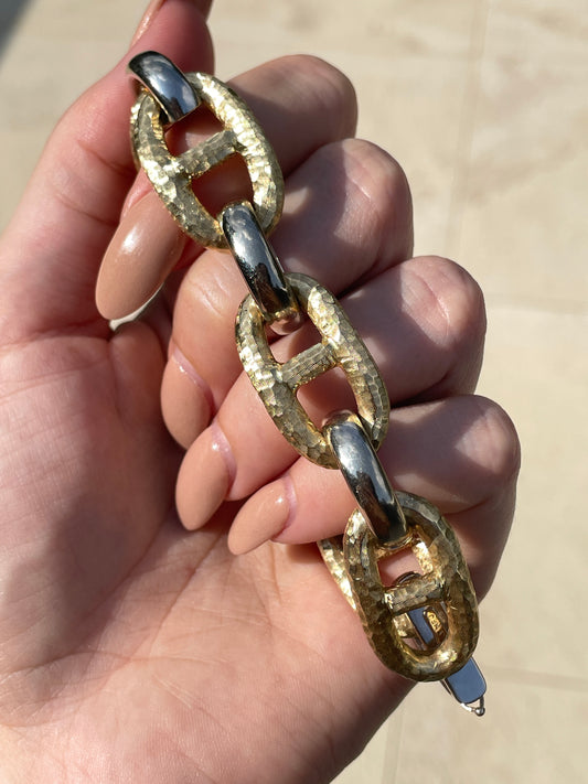 Vintage two tone 14K gold wide mariner bracelet, 8 inch