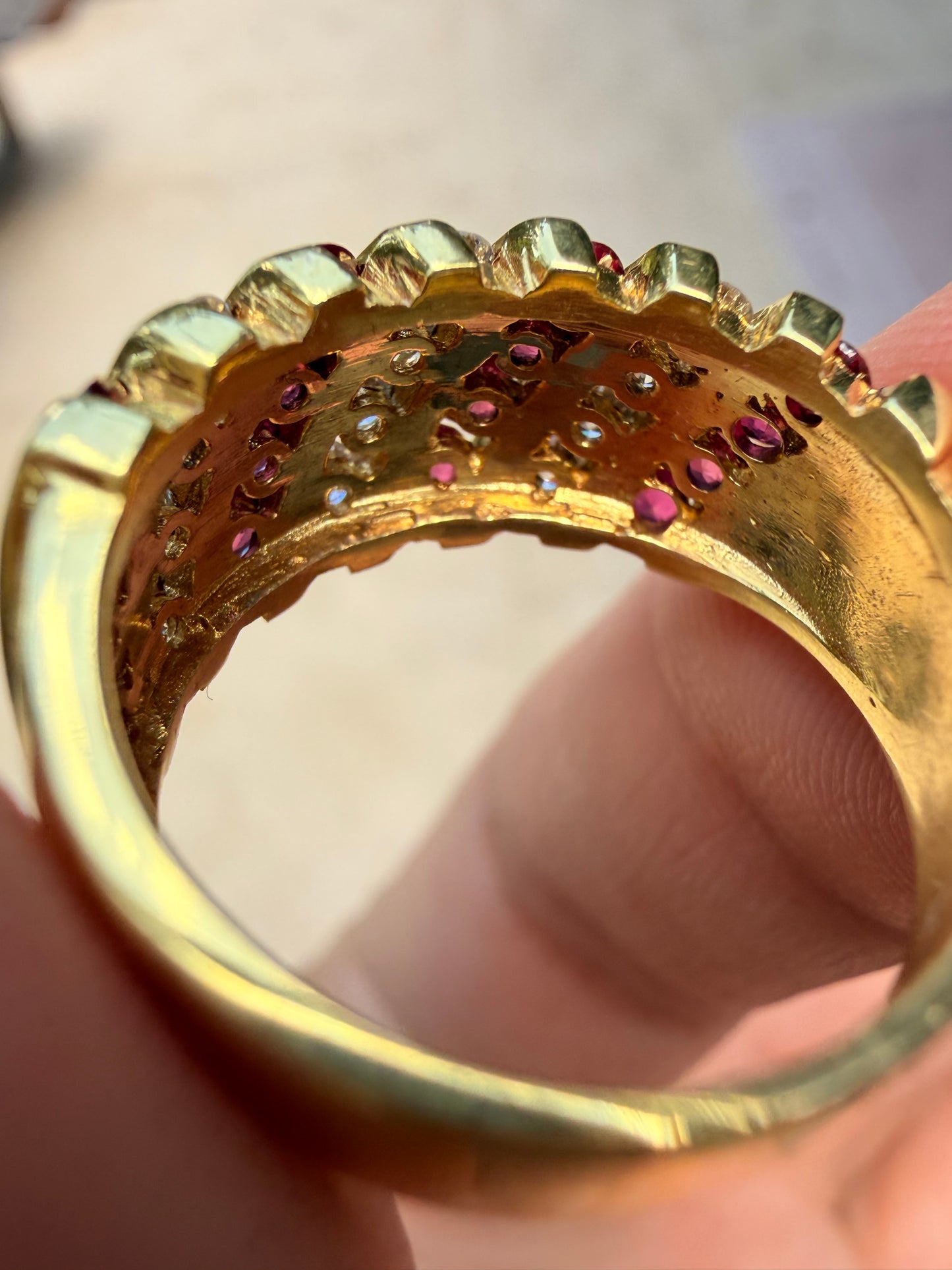 Vintage yellow 14K approx .64ctw ruby and .36ctw diamond wide band