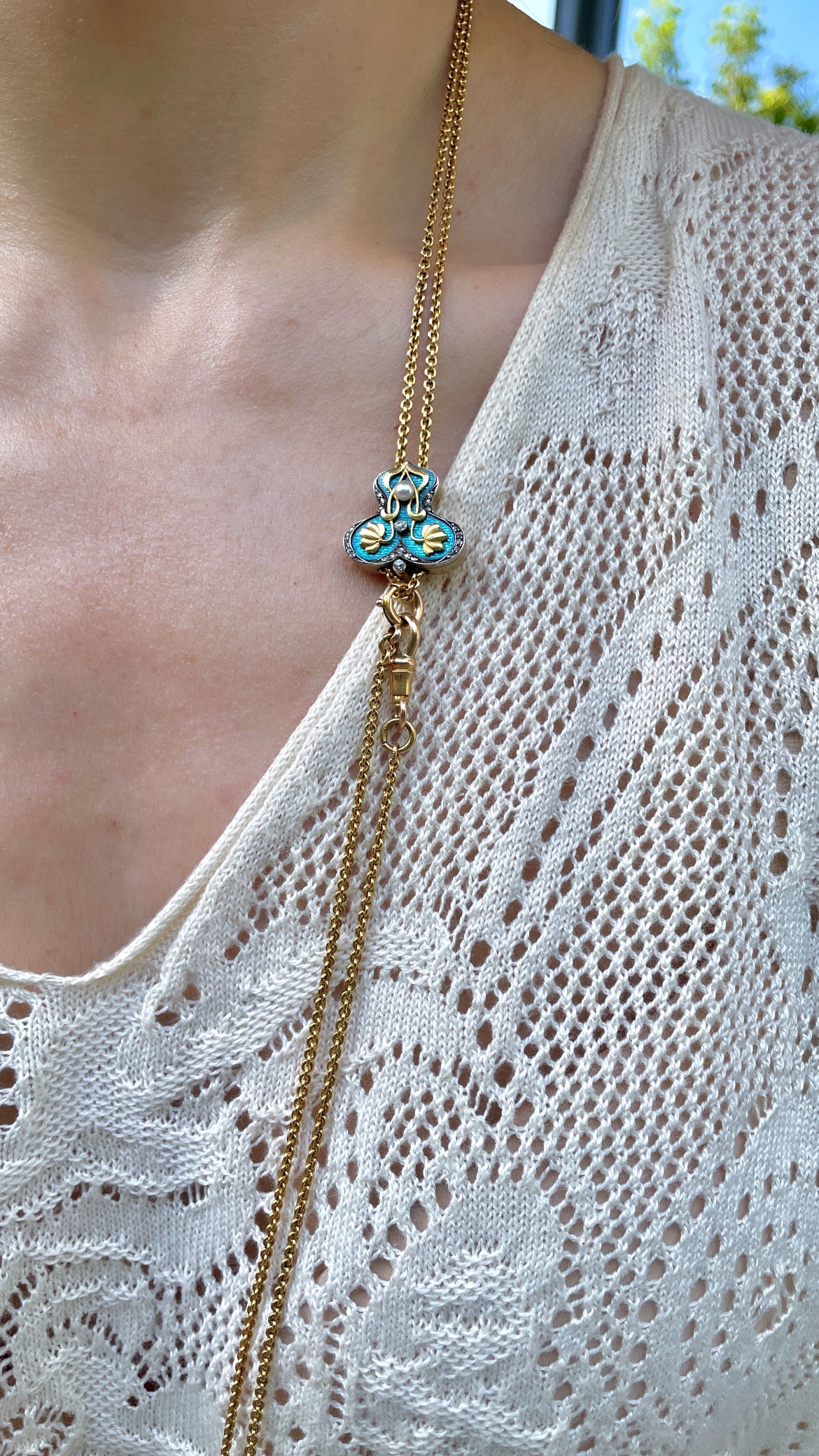 Antique 22K Art Nouveau longguard chain with 14K blue enamel butterfly slider with old mine cut diamonds, rose cut diamonds and pearl, with dog clip and bolt, 72 inch