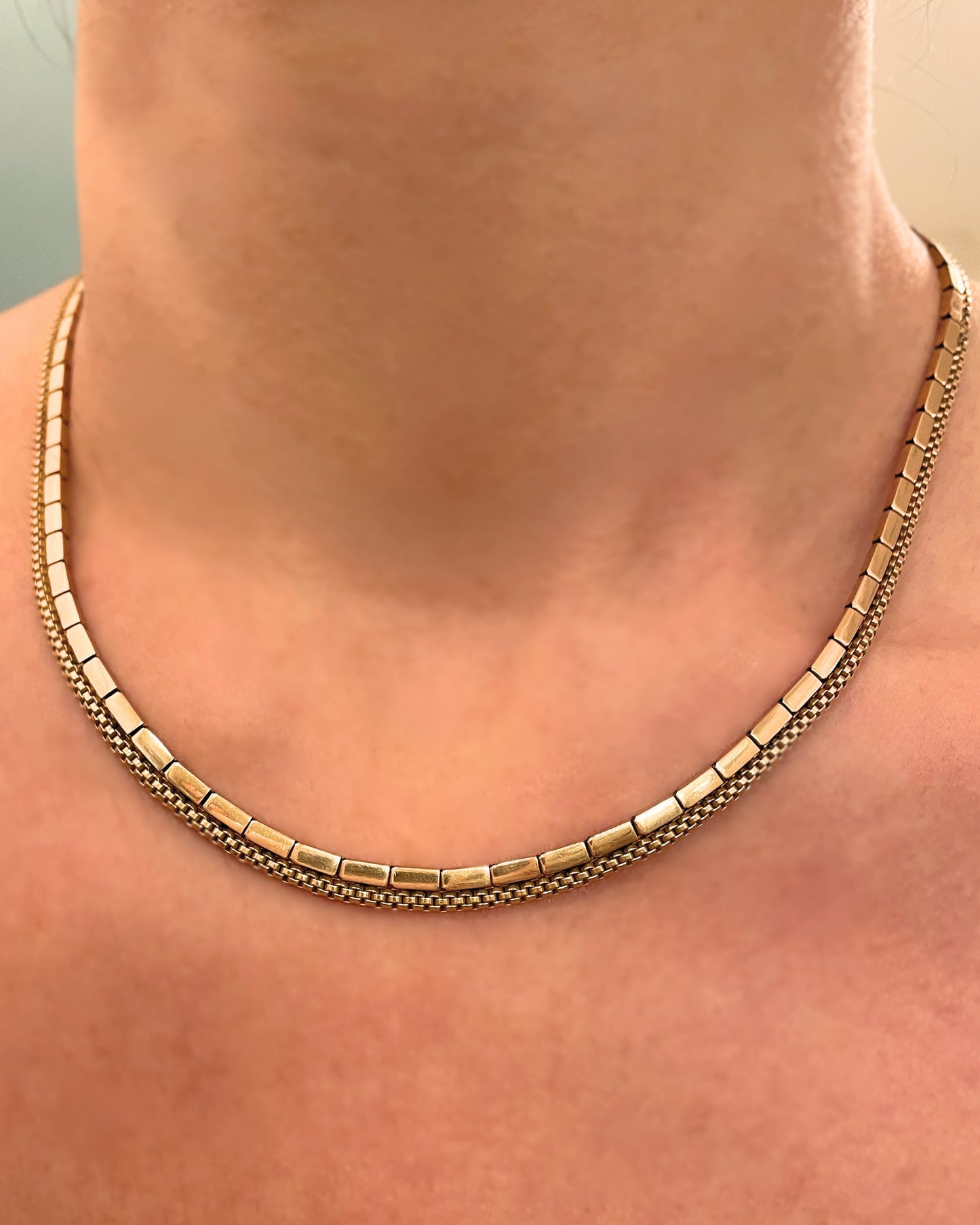 Vintage 18K gold bar link and mesh link chain necklace, 16 7/8 inch