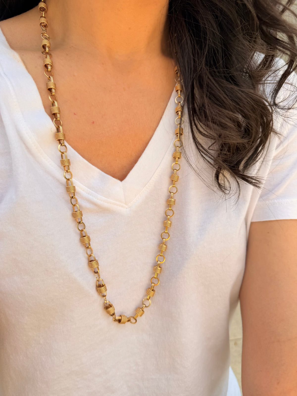 Vintage yellow 14K mix oval link chain with rope detail, 30.5 inch
