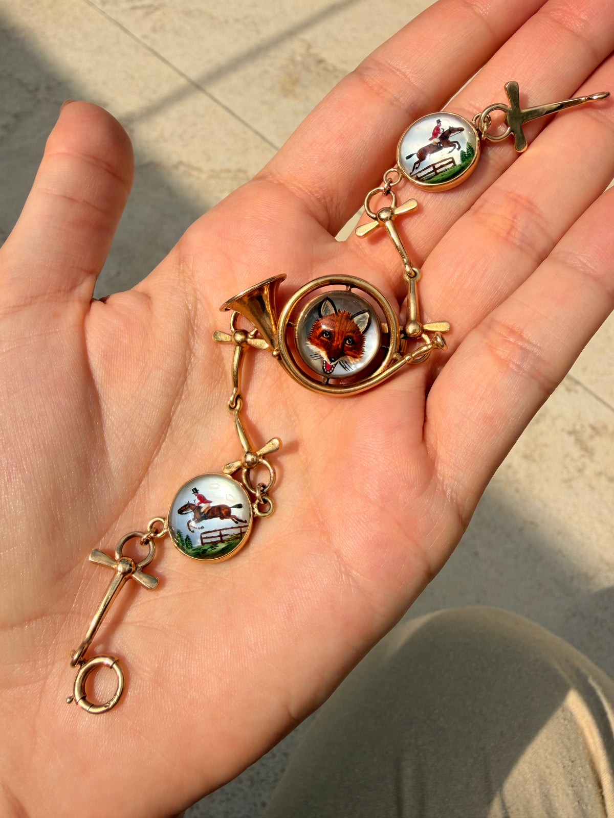 Antique 14K fox equestrian Essex crystal horsebit bracelet, 7.5 inch