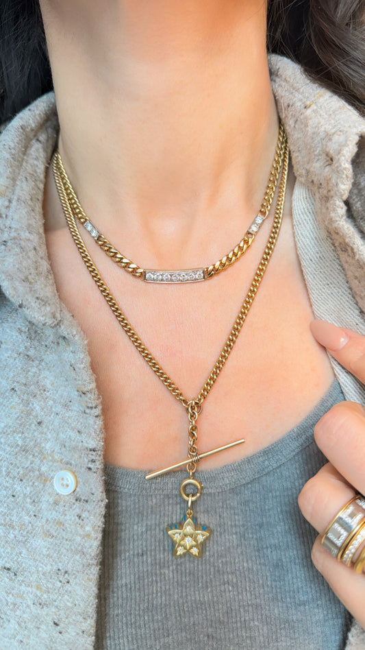 Vintage 14K triple bar 2ctw diamond curb chain, 16 inch