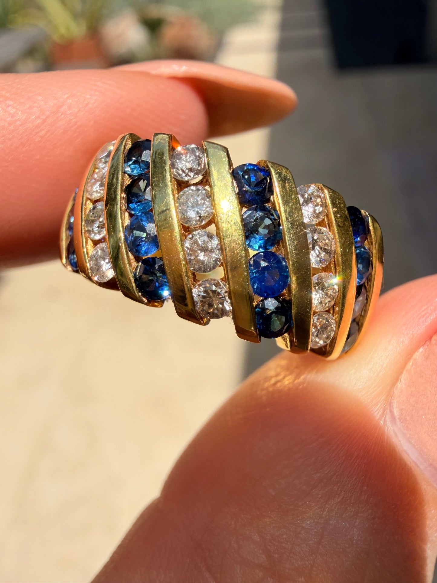 Vintage yellow 14K approx .64ctw sapphire and .36ctw diamond wide band