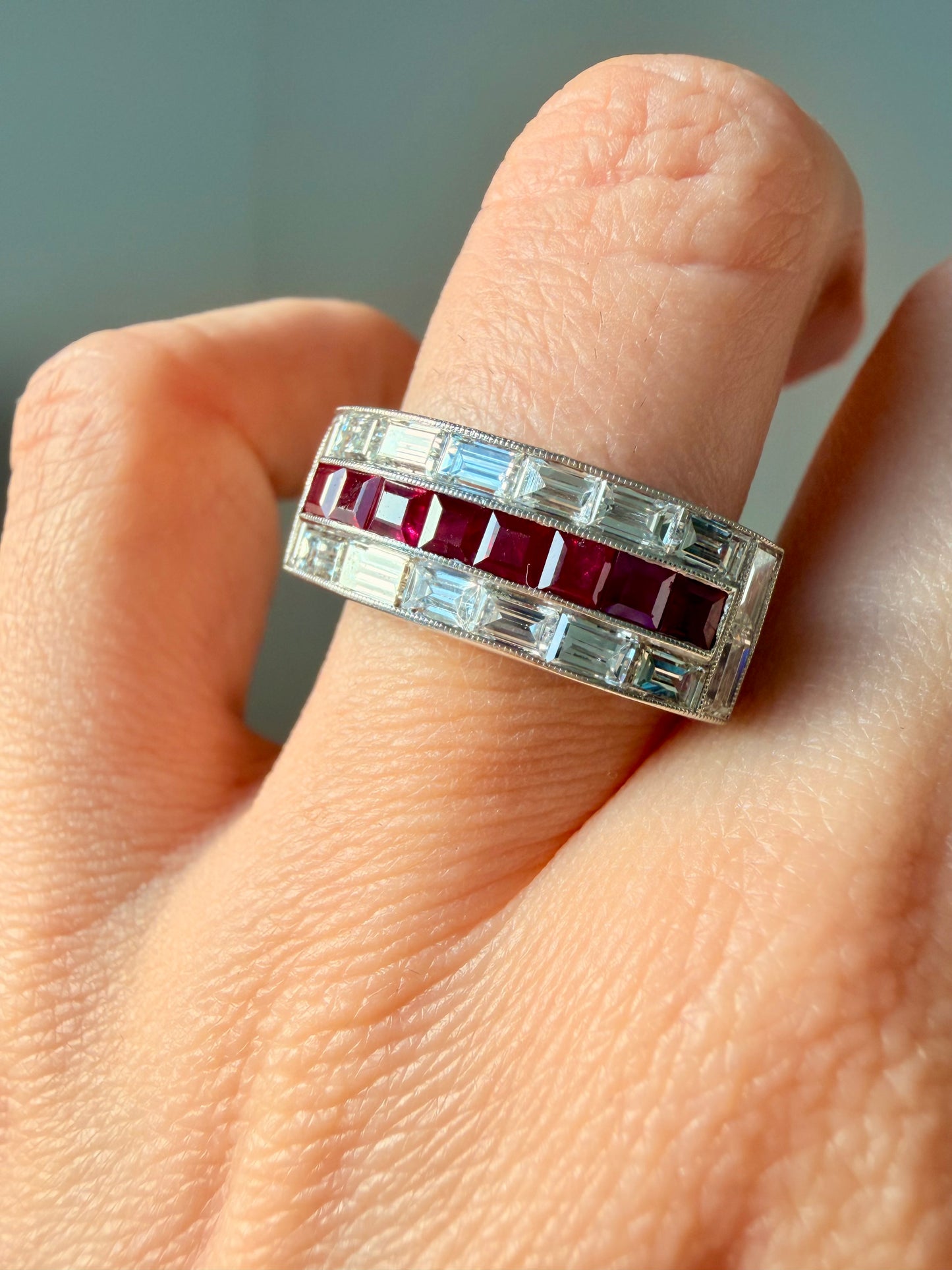Vintage platinum approx 1.7 ctw baguette diamond and 1.1 ctw ruby ring, size 6.5