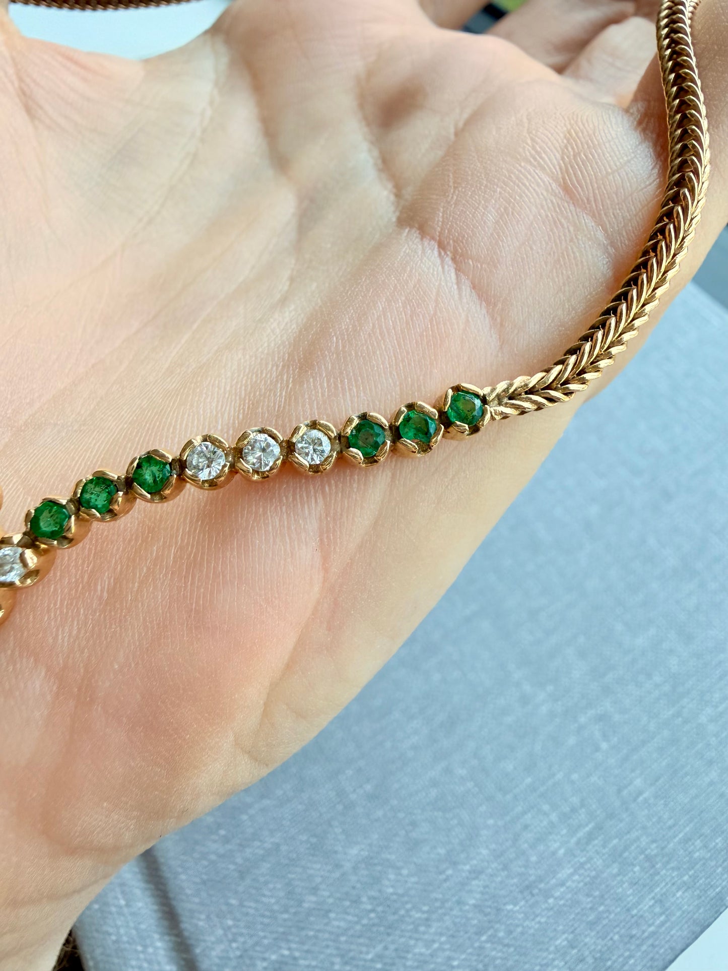 Vintage yellow 14K emerald and diamond chevron woven chain, 16 inch