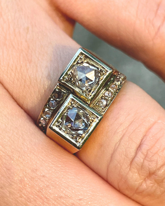 Antique 18K approx .95 ctw rose cut diamond geometric toi et moi ring, size 5.75-6