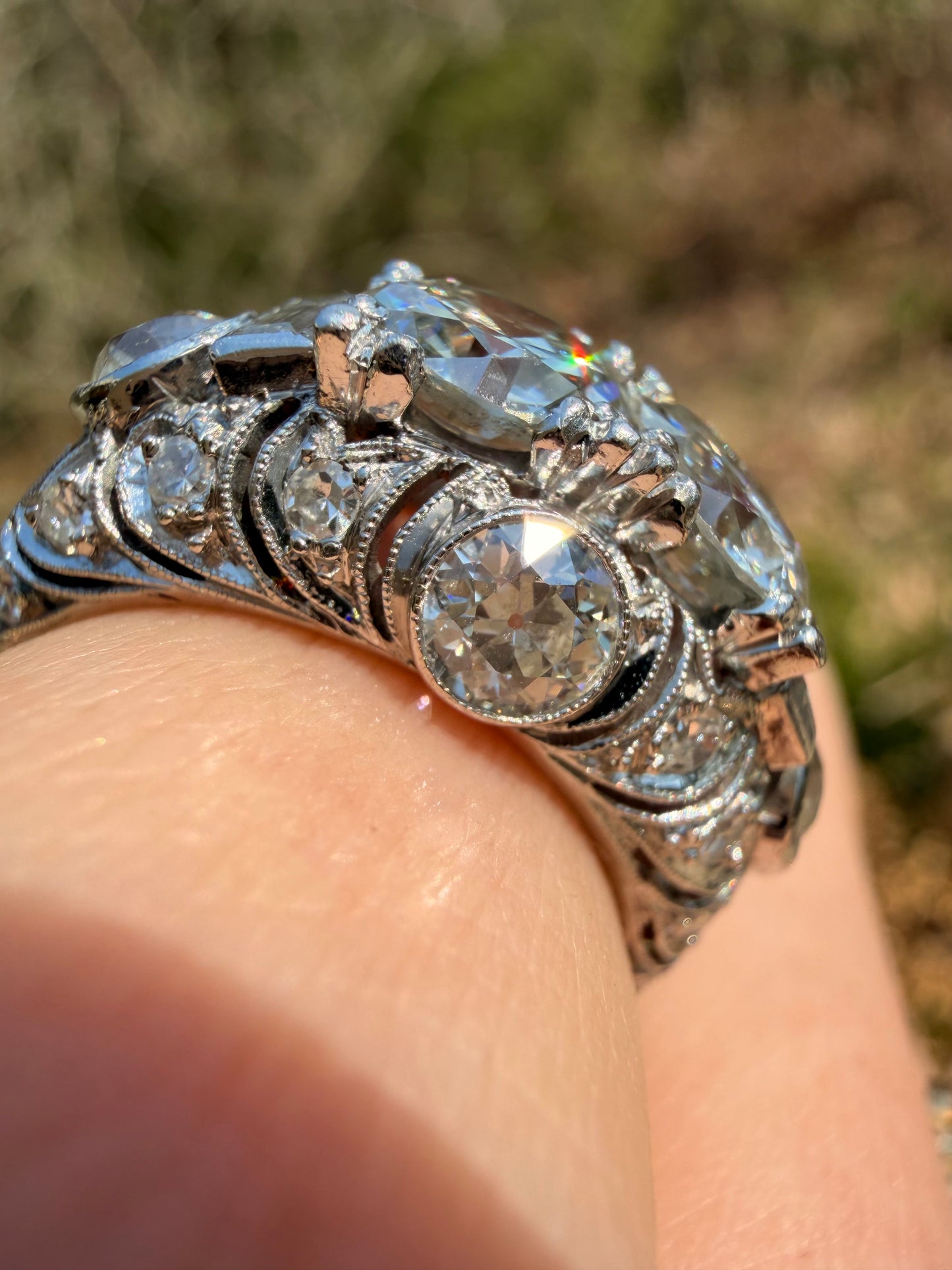 Vintage 1930/40s platinum domed ring with 3.7ctw old euro cut and old cut diamonds, size 7