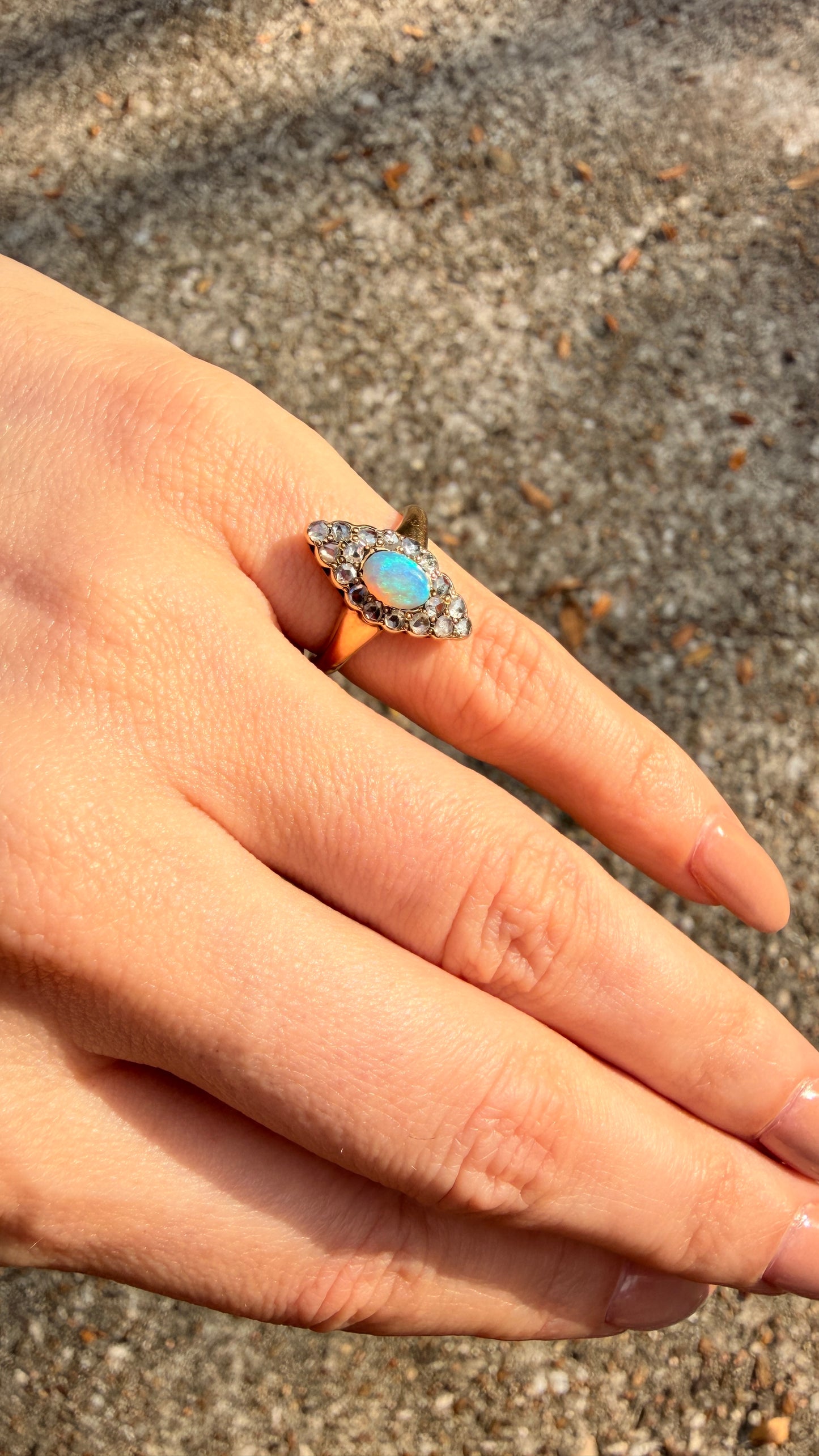 Antique yellow 14K opal and approx .4ctw rose cut diamond navette ring, size 5