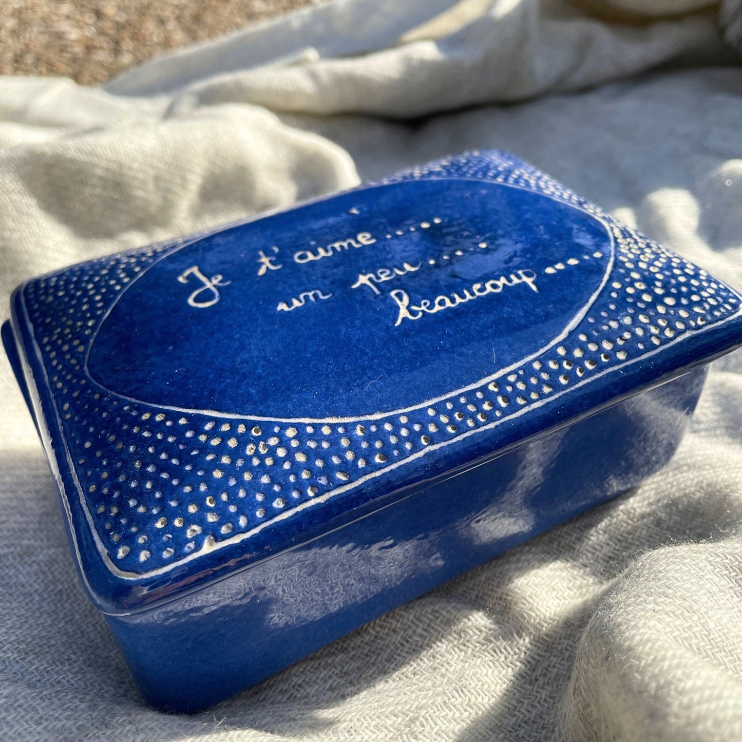 Vintage French "I love you" handmade ceramic covered box