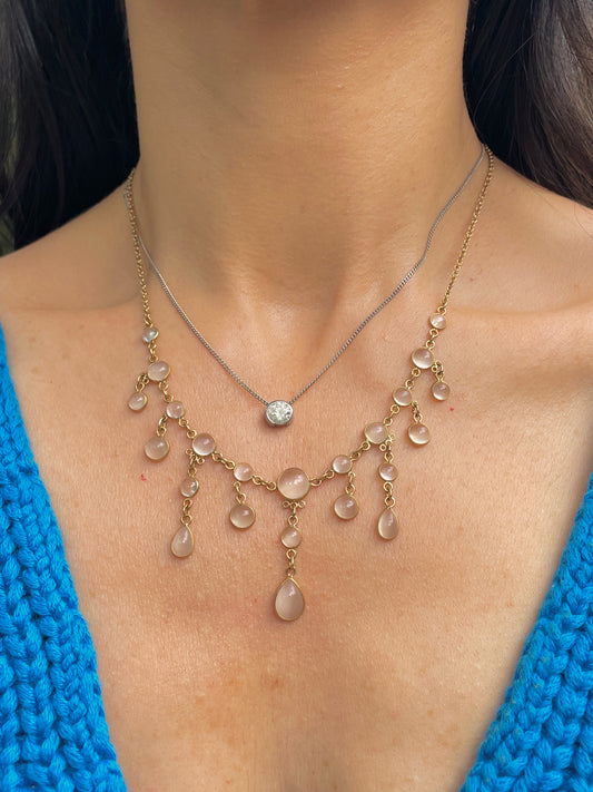 Antique Yellow 14K moonstone fringe bezel set necklace, 17.5 inch