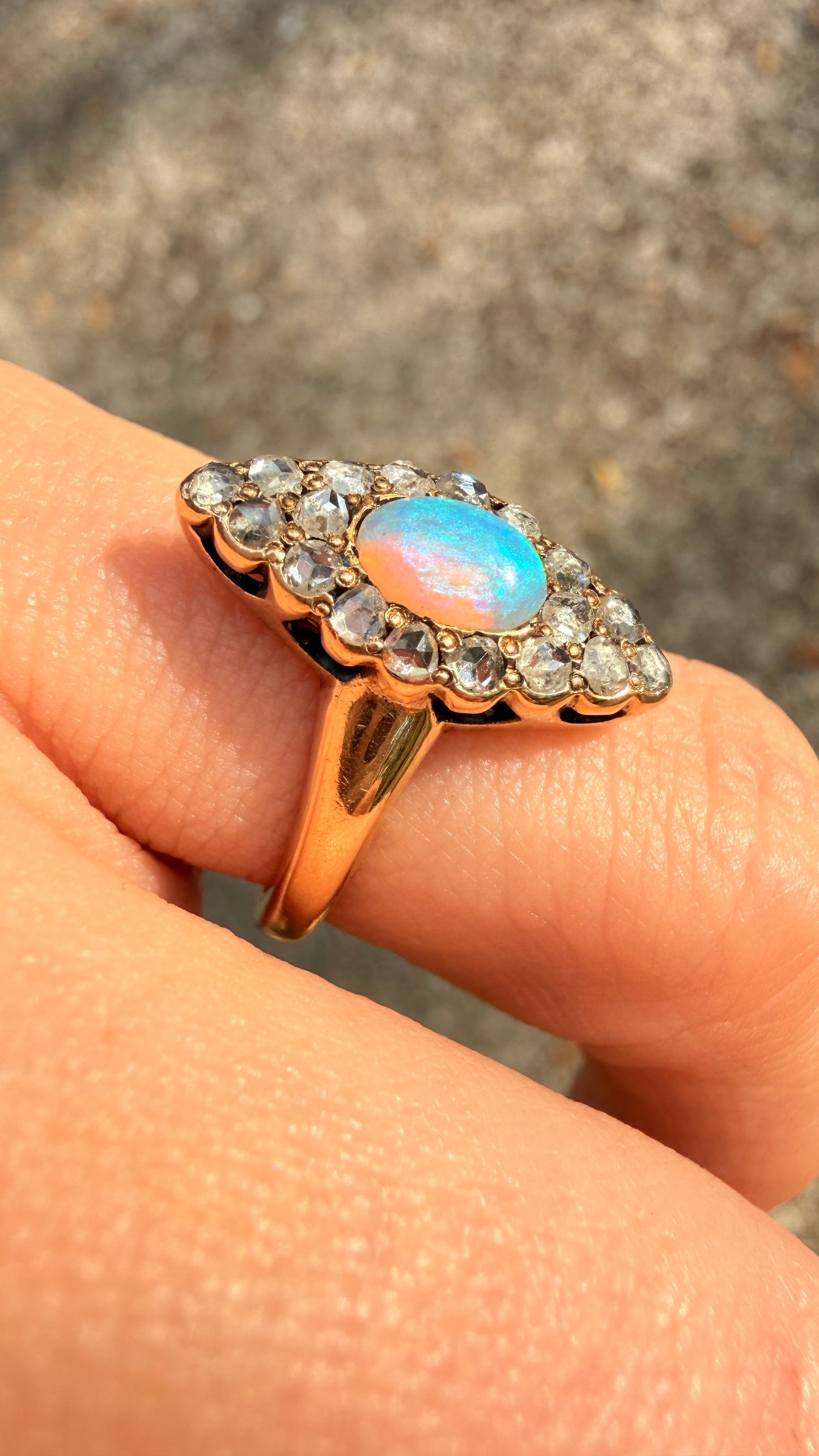 Antique yellow 14K opal and approx .4ctw rose cut diamond navette ring, size 5