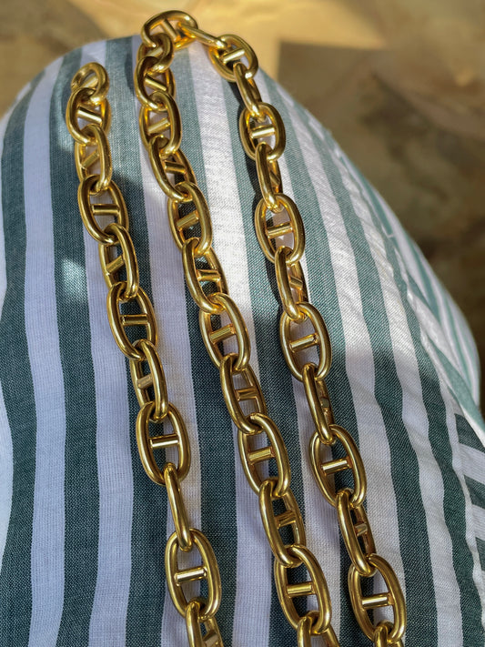 Vintage French yellow 18K gold round anchor link chain and bracelet set