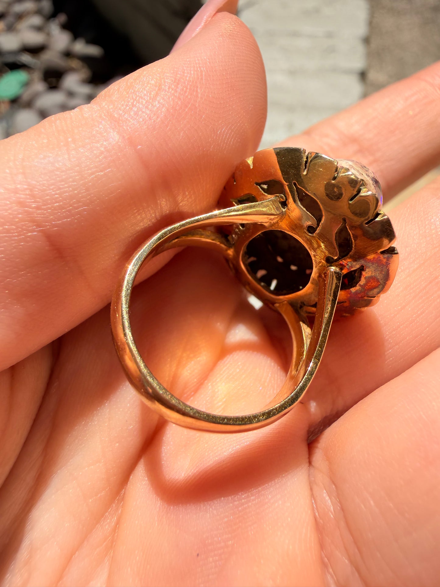 Vintage yellow 18K Boulder opal statement ring, size 7-7.25