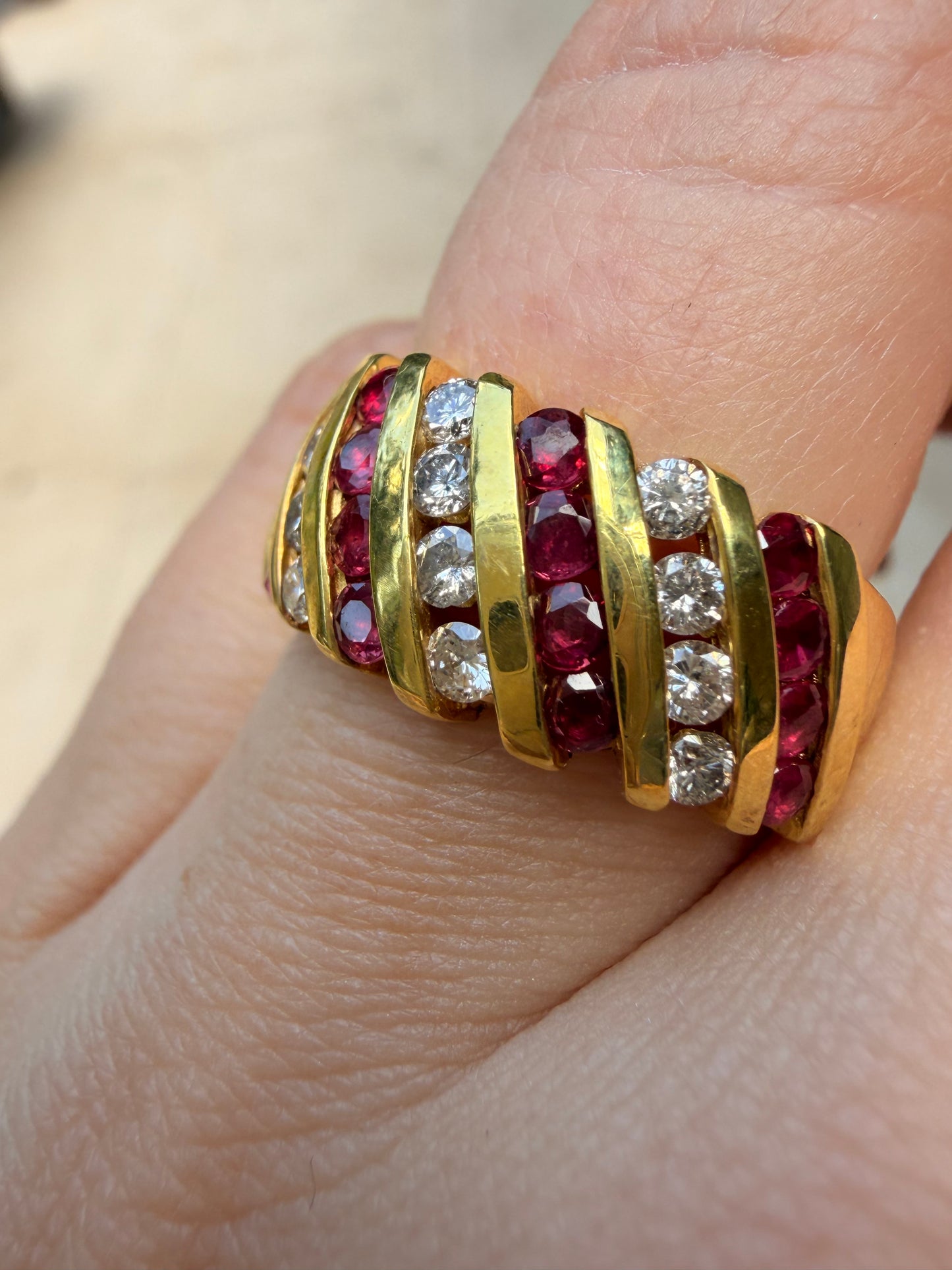 Vintage yellow 14K approx .64ctw ruby and .36ctw diamond wide band