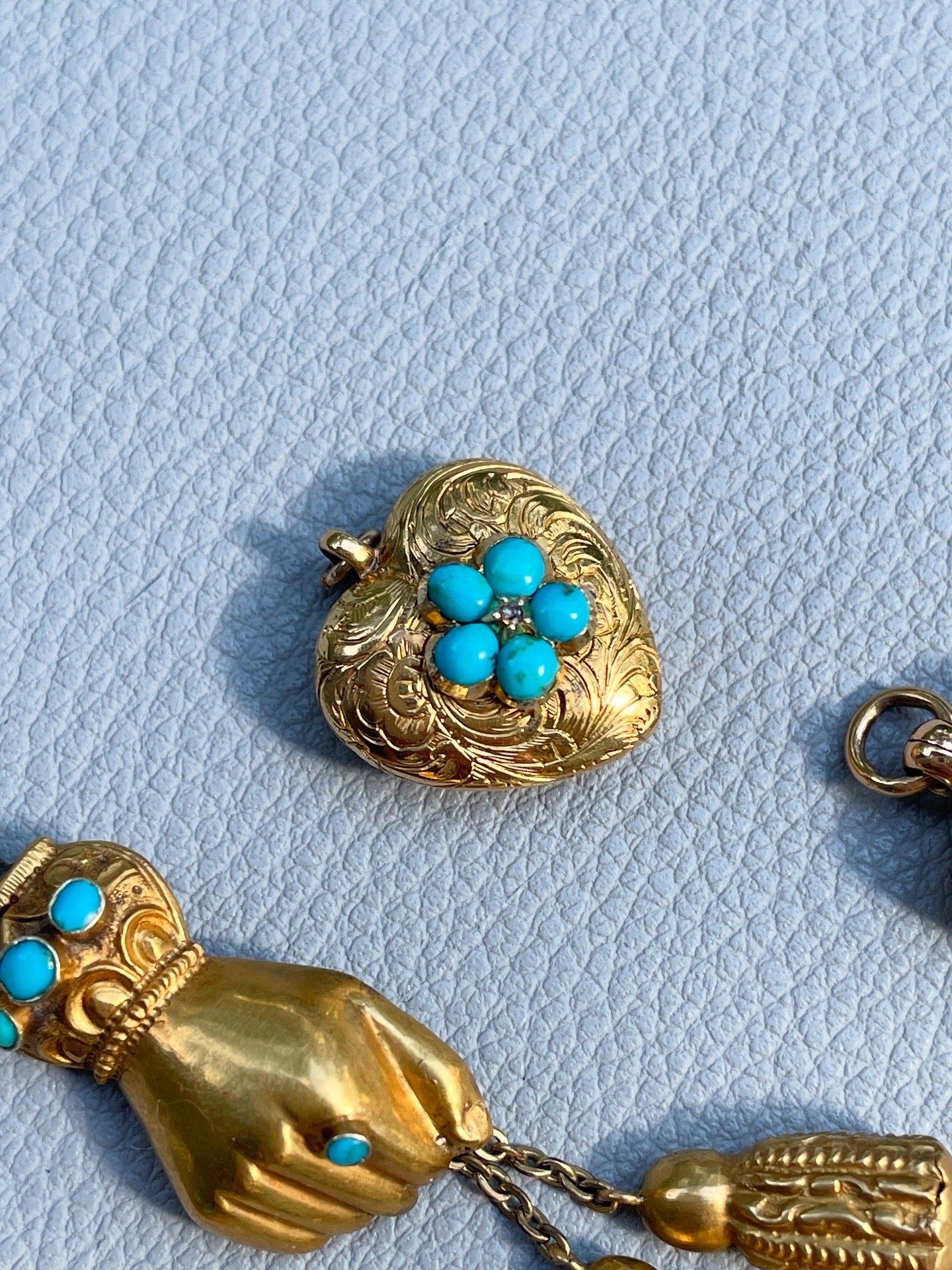 Antique yellow 18K engraved diamond and turquoise heart locket with back glass panel