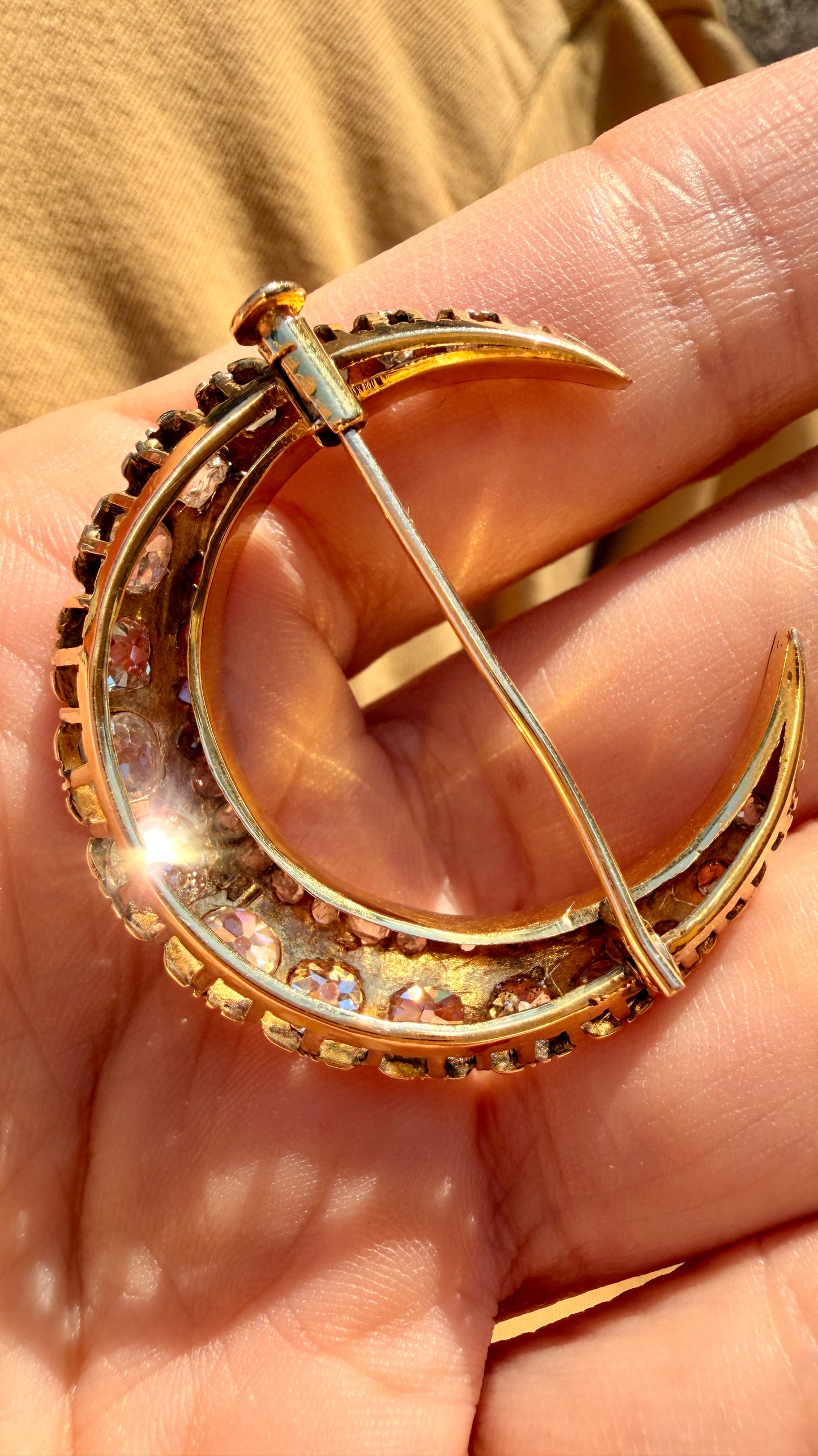 Antique yellow 18K crescent brooch with 2.6ctw of diamonds