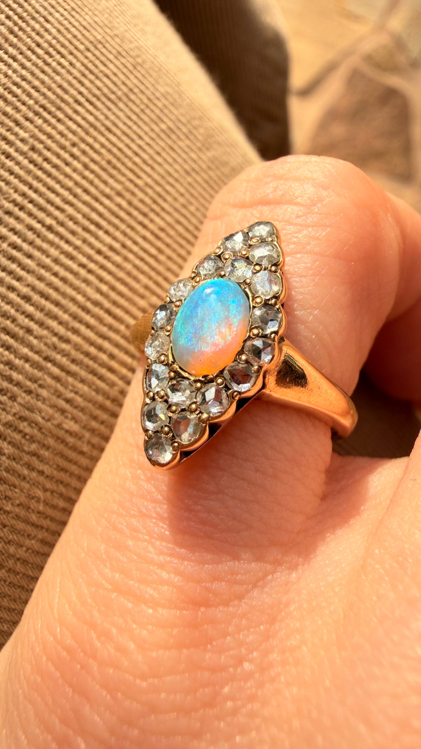 Antique yellow 14K opal and approx .4ctw rose cut diamond navette ring, size 5