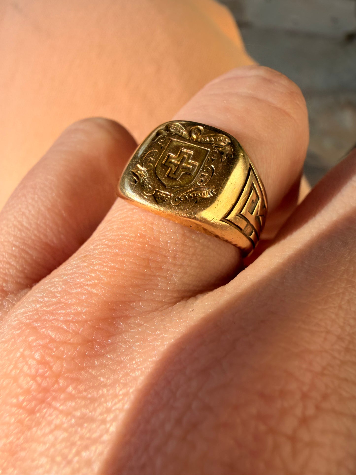 Vintage yellow 14K gold Tiffany & Co Maltese Cross and Shield Saint Agatha signet ring, size 6.75