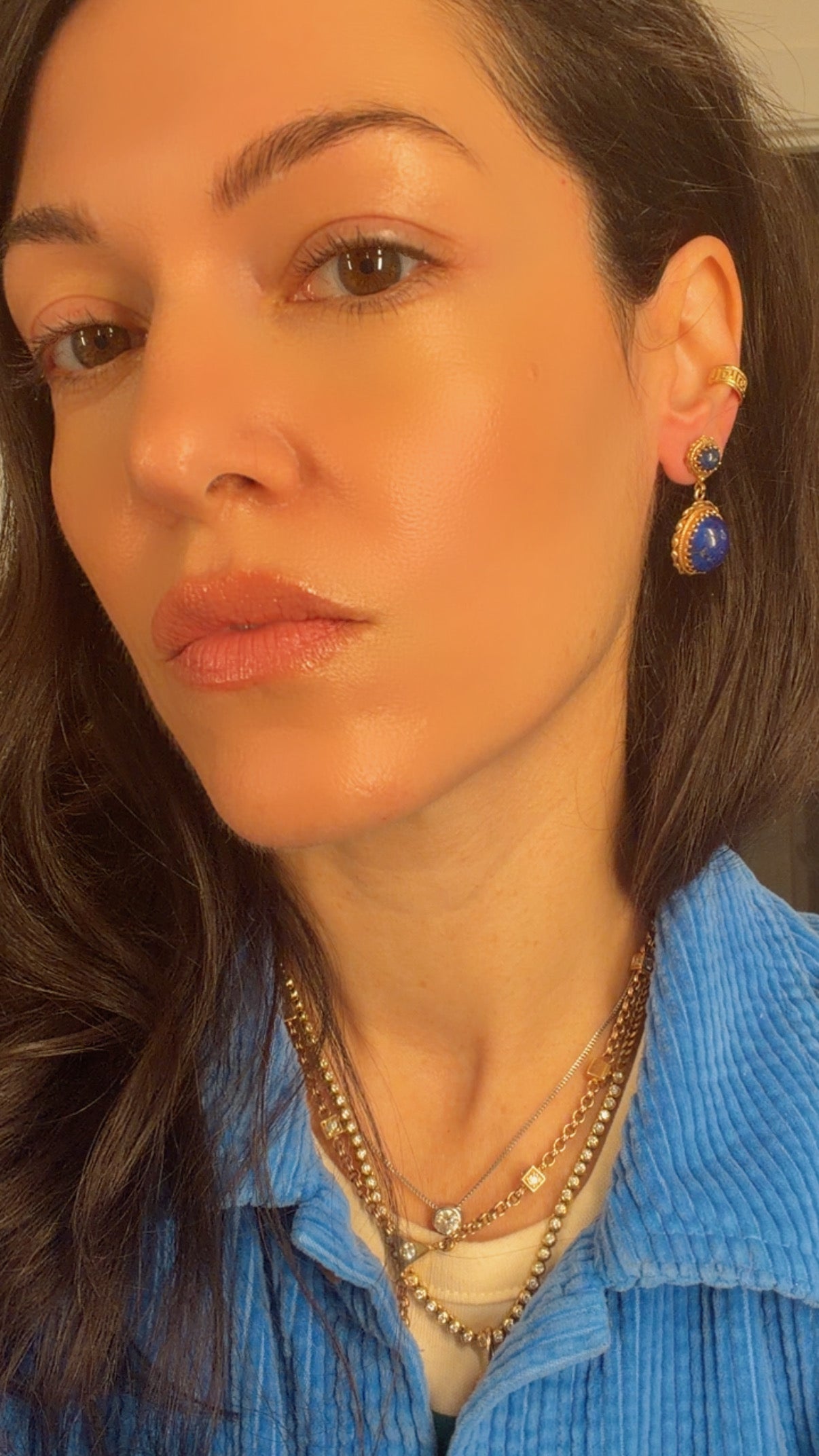 Vintage yellow 14K gold midcentury lapis dangle post back earrings with rope detail