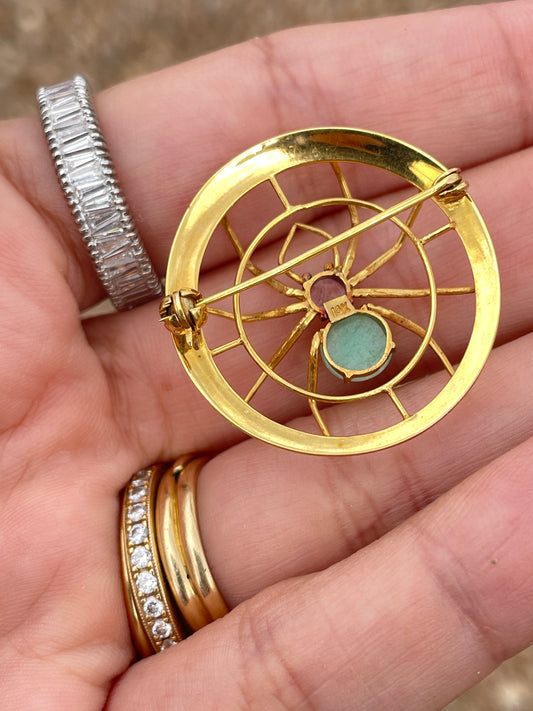 Vintage yellow 14K Spider with pink sapphire and jade pin with conversion to pendant