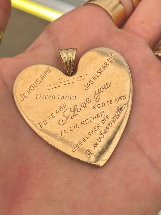 Vintage yellow 14K large statement heart with I Love You in many languages