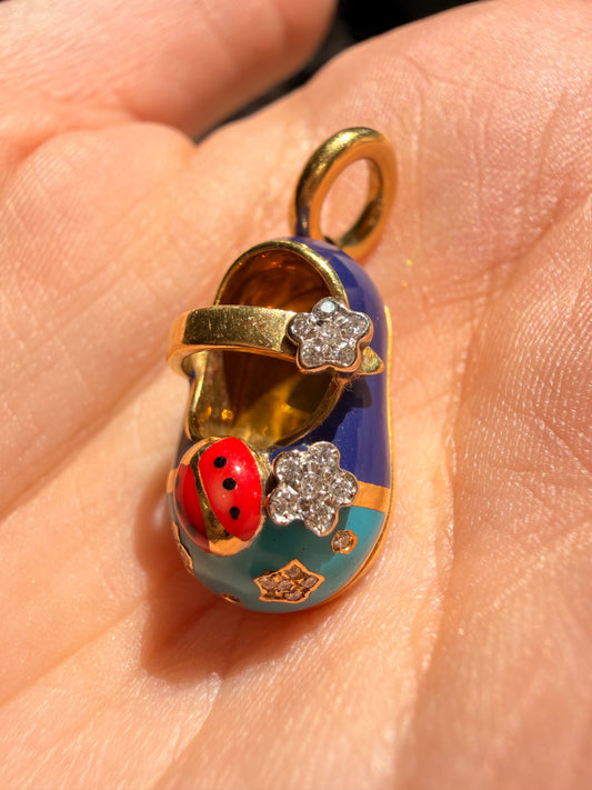 Aaron Basha Yellow 18K gold and enamel ladybug and diamond flowers shoe charm