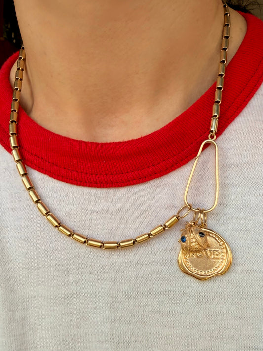 Vintage yellow 14K cylindrical link watch chain with large clip clasp, 18 and 7/8 inch