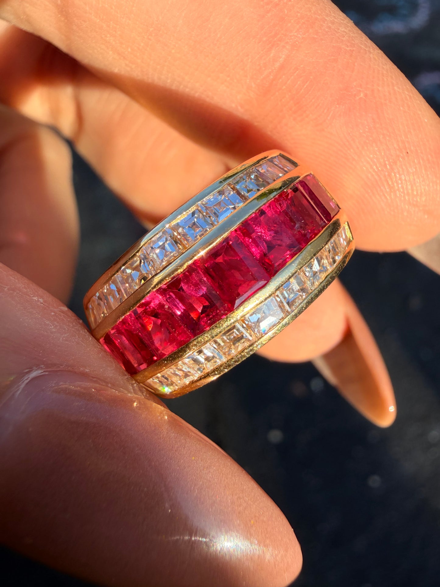 Vintage yellow 18K square cut 2ctw natural ruby and 1.3ctw square step cut diamond wide ring, size 8-8.25