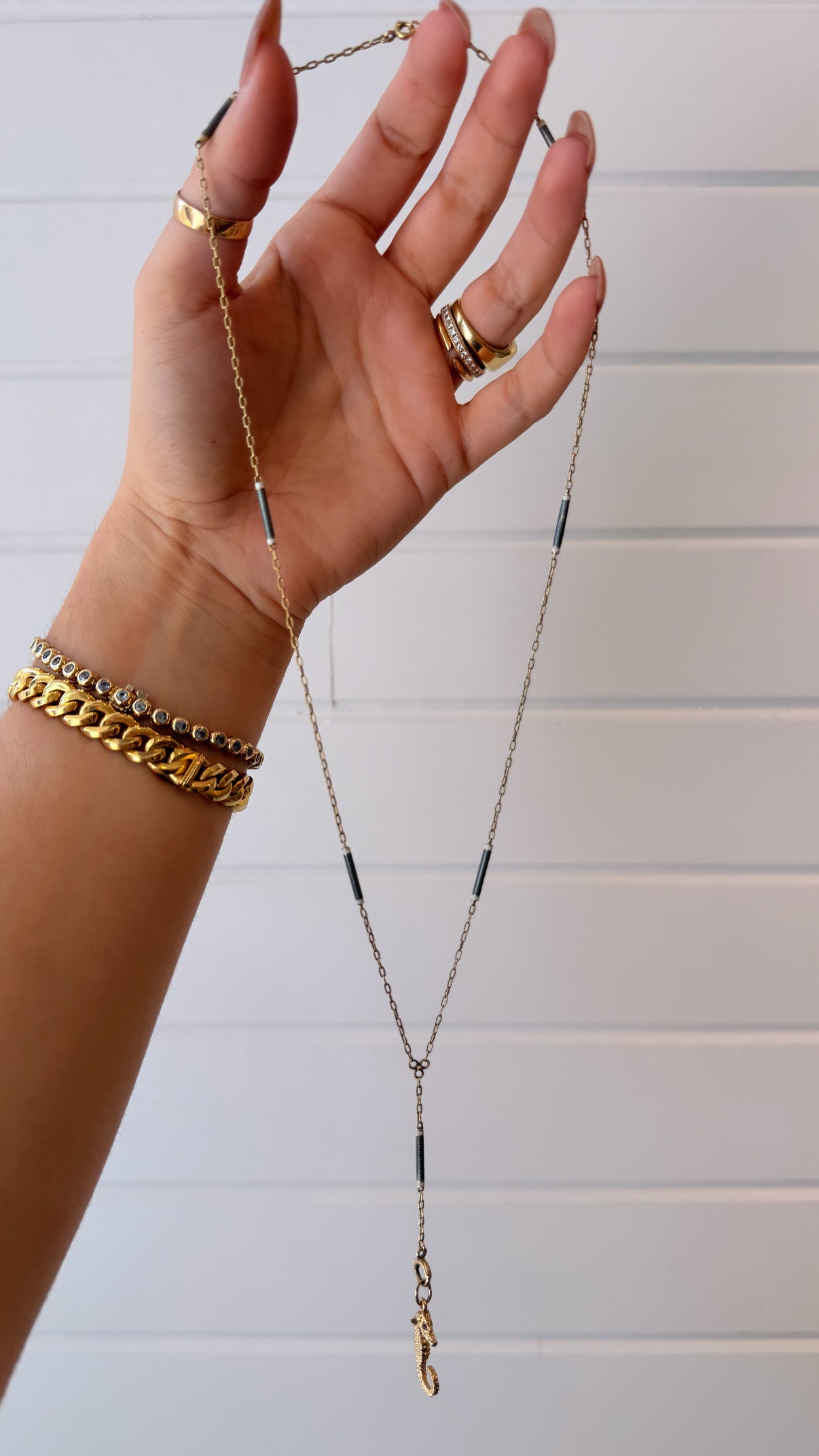 Antique yellow 14K gold grey and white enamel bar link chain with bolt drop, 21.5 inch