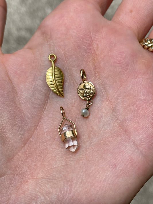 Vintage yellow 14K angel charm with pearl dangle